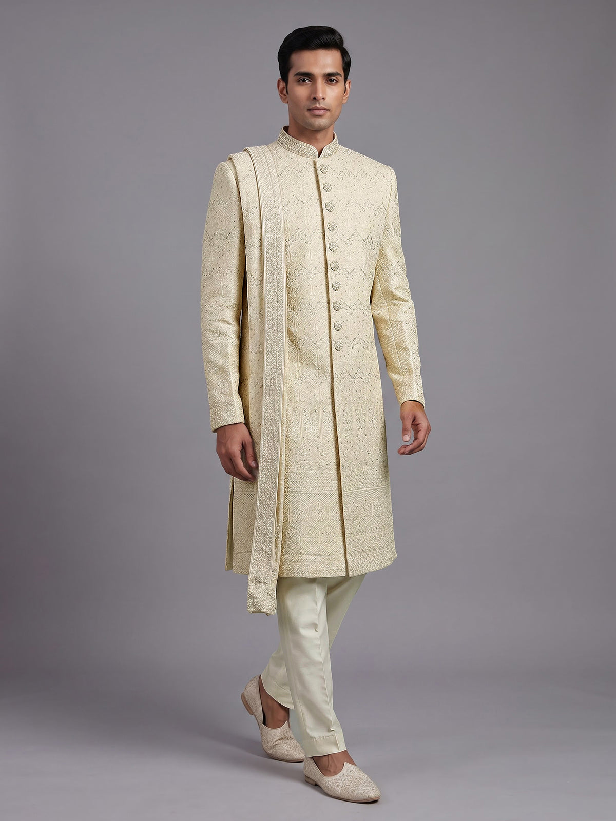 Elegant cream cotton poly sherwani for men with embellished dupatta
