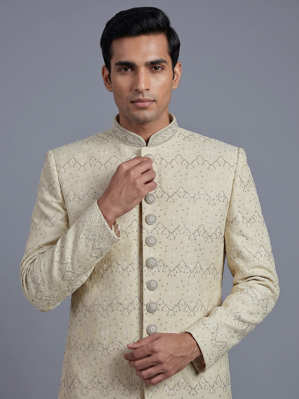 Elegant cream cotton poly sherwani for men with embellished dupatta