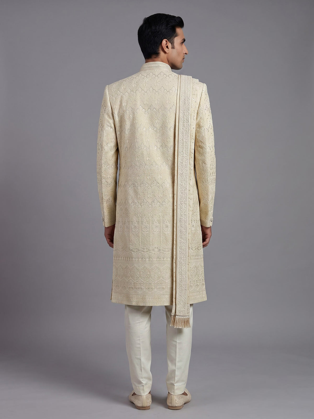Elegant cream cotton poly sherwani for men with embellished dupatta