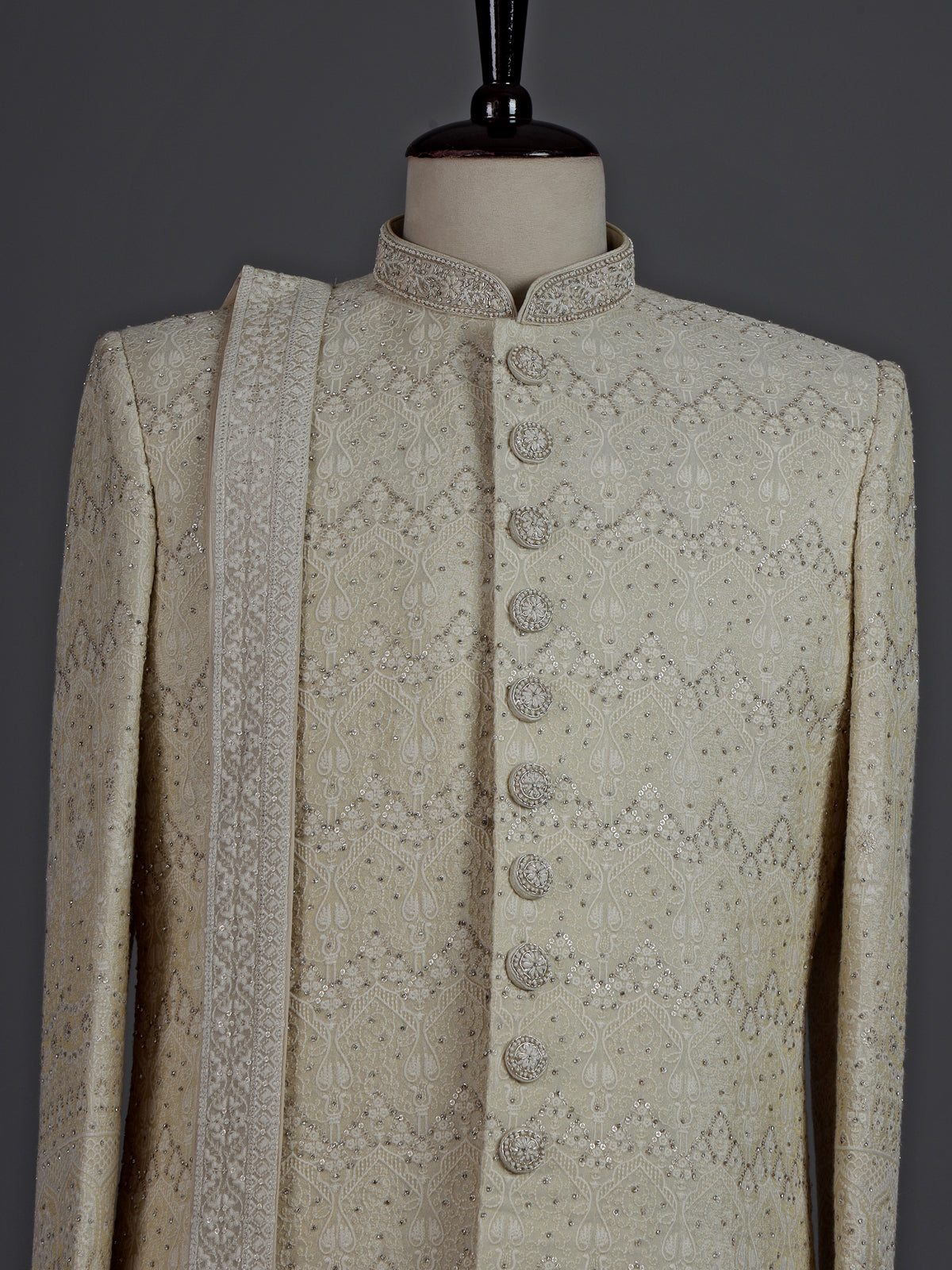 Elegant cream cotton poly sherwani for men with embellished dupatta
