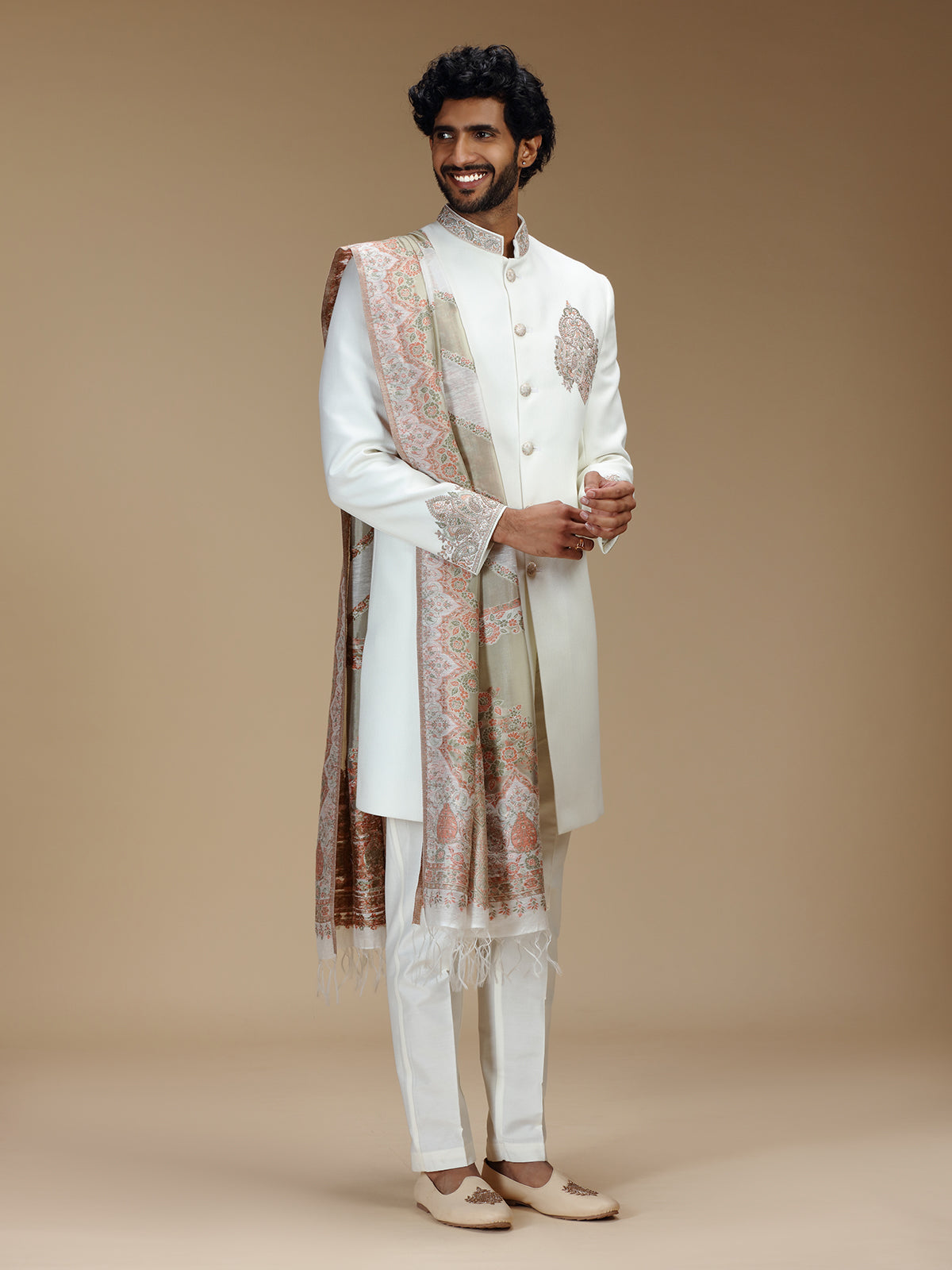 Off white polyester zardosi embroidered sherwani with dupatta for men