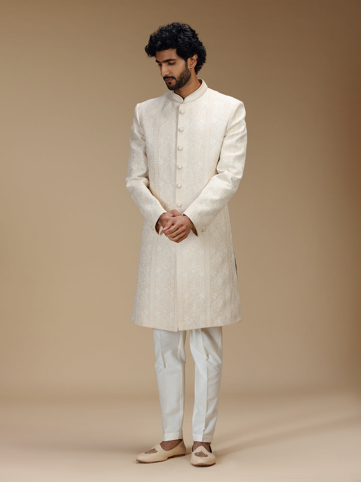 Cream brocade silk royal patterned sherwani with pants for men