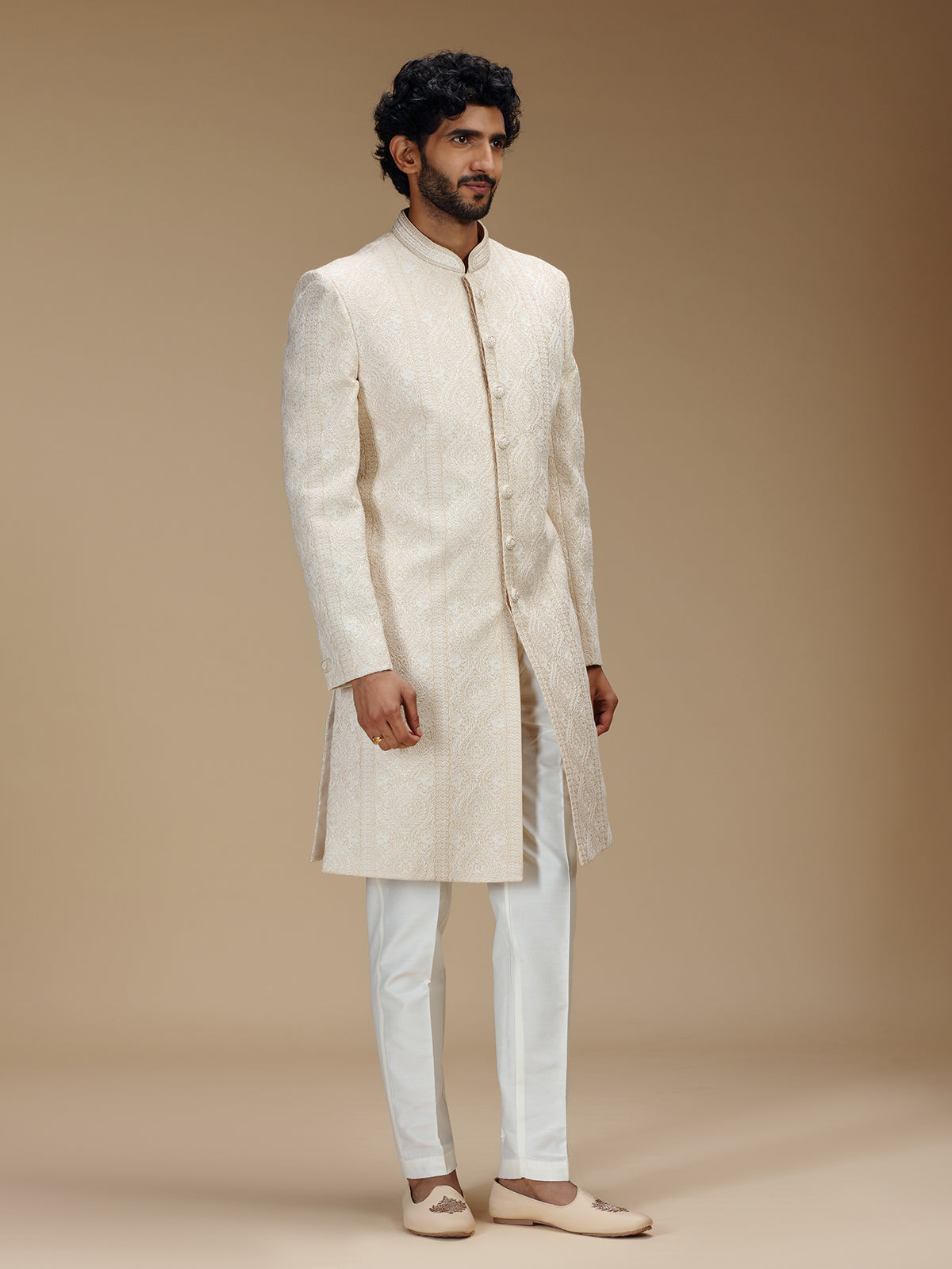 Cream brocade silk royal patterned sherwani with pants for men