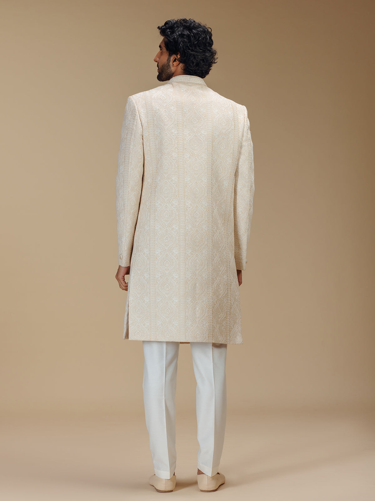 Cream brocade silk royal patterned sherwani with pants for men