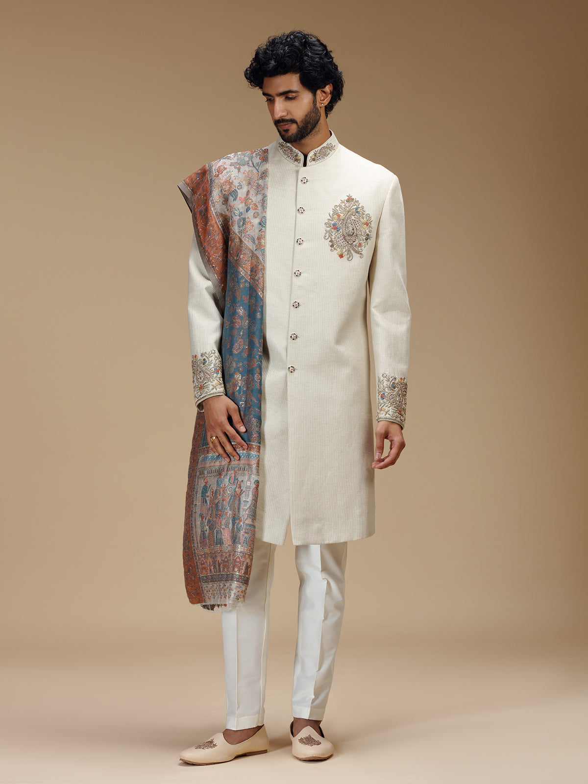 Off white linen silk embroidered sherwani with dupatta for men