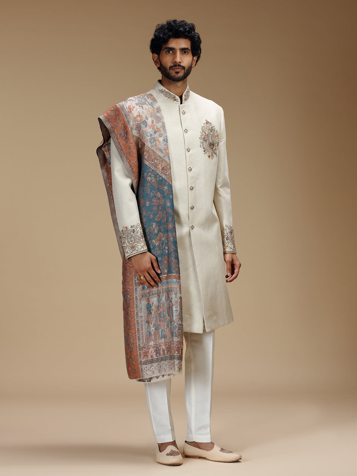 Off white linen silk embroidered sherwani with dupatta for men