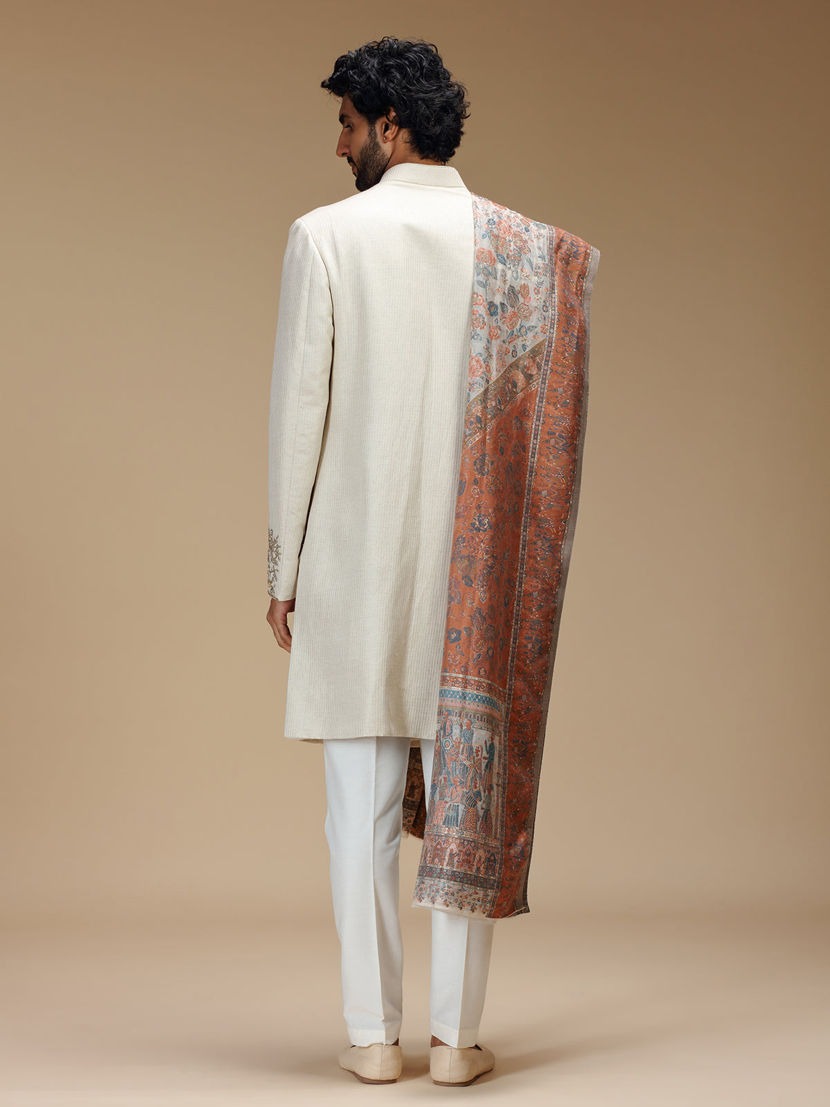 Off white linen silk embroidered sherwani with dupatta for men