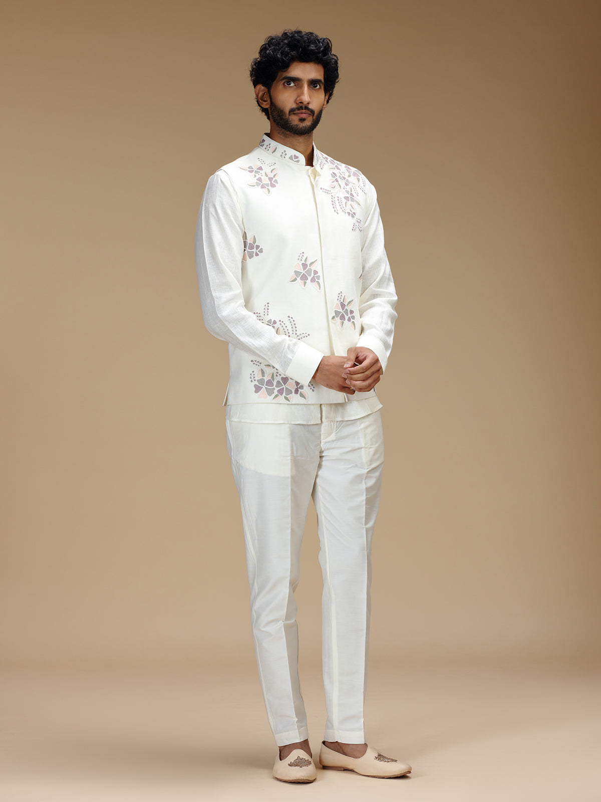 Cream linen floral embroidered waistcoat set for men