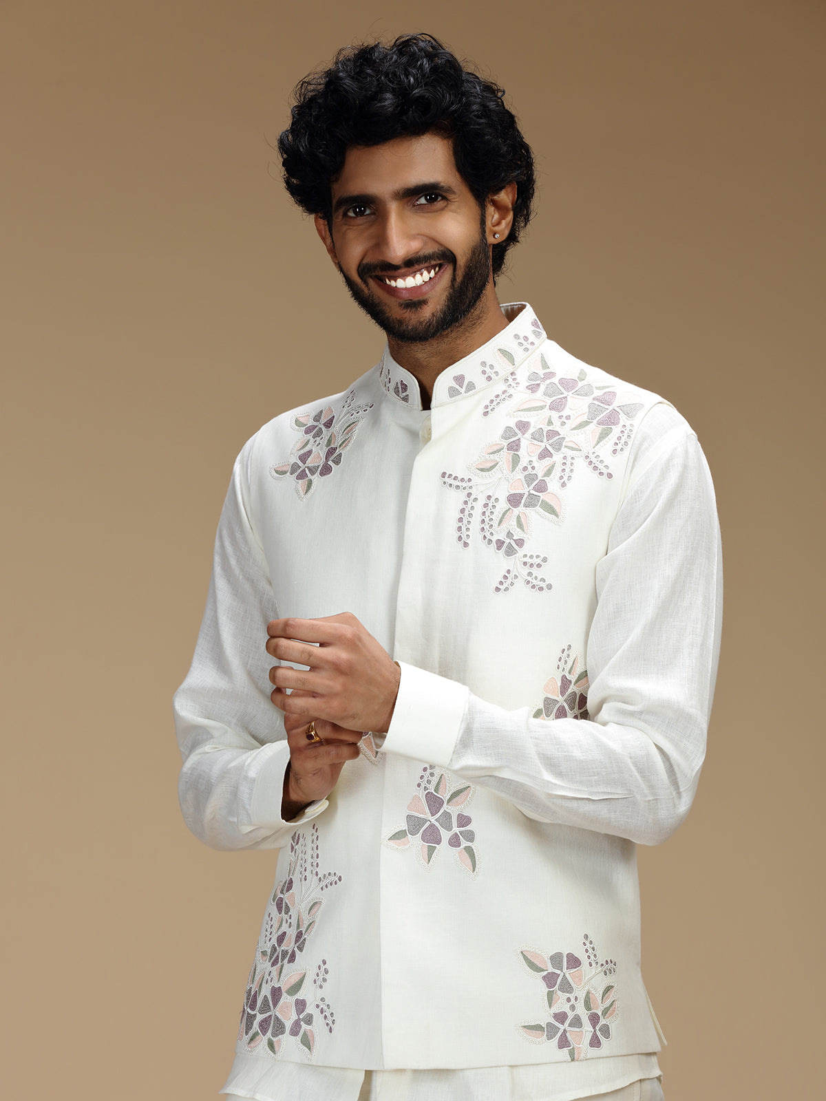 Cream linen floral embroidered waistcoat set for men