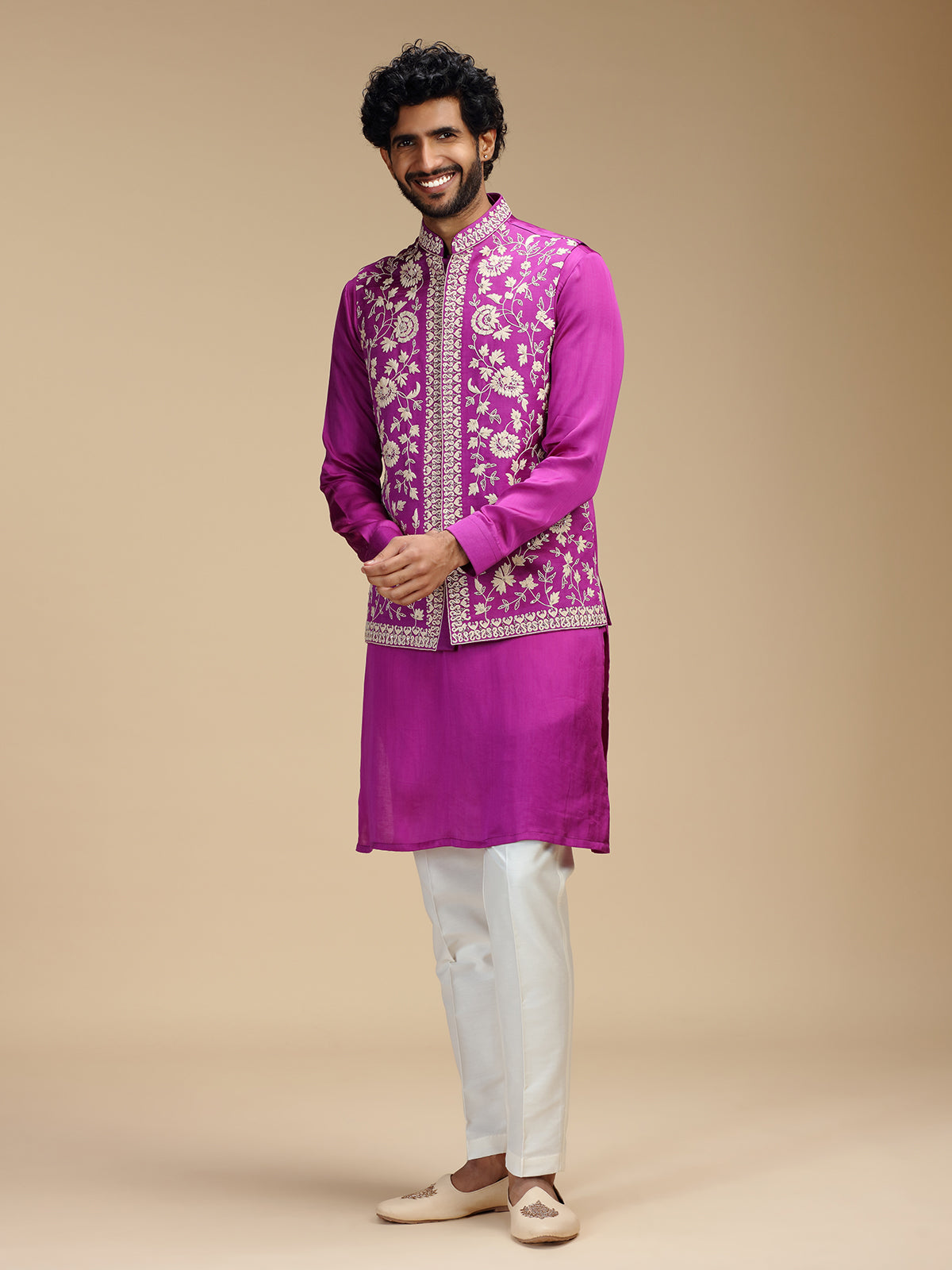 Magenta pink silk embroidered waistcoat set for men