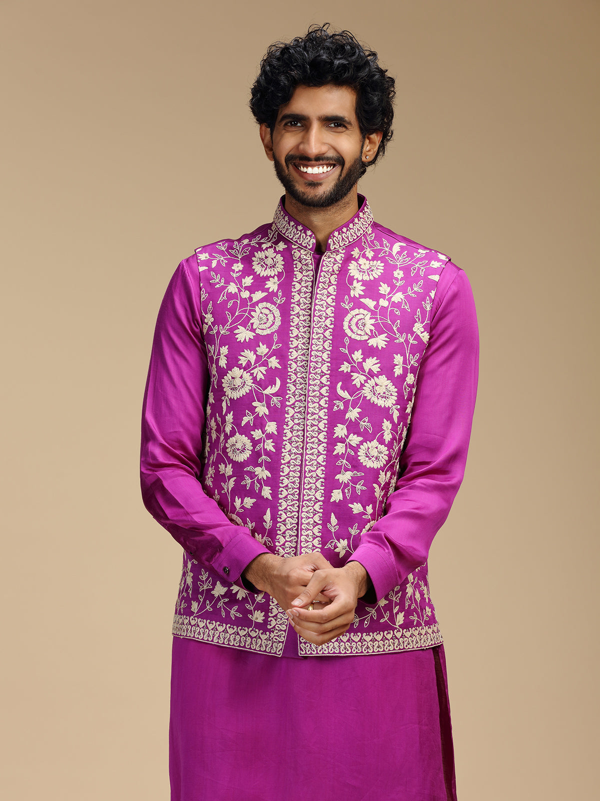 Magenta pink silk embroidered waistcoat set for men