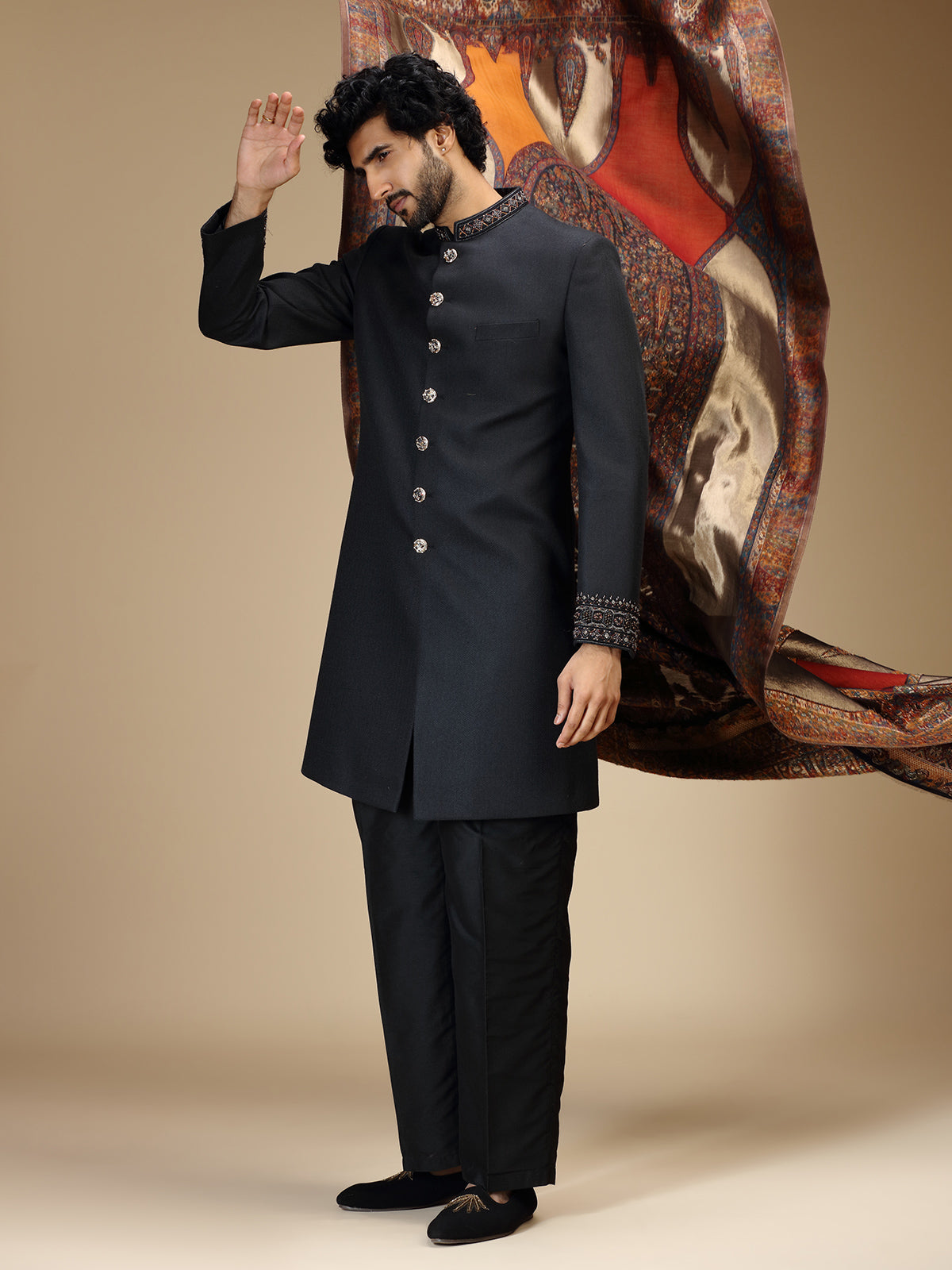 Classic black mens indo western with dupatta