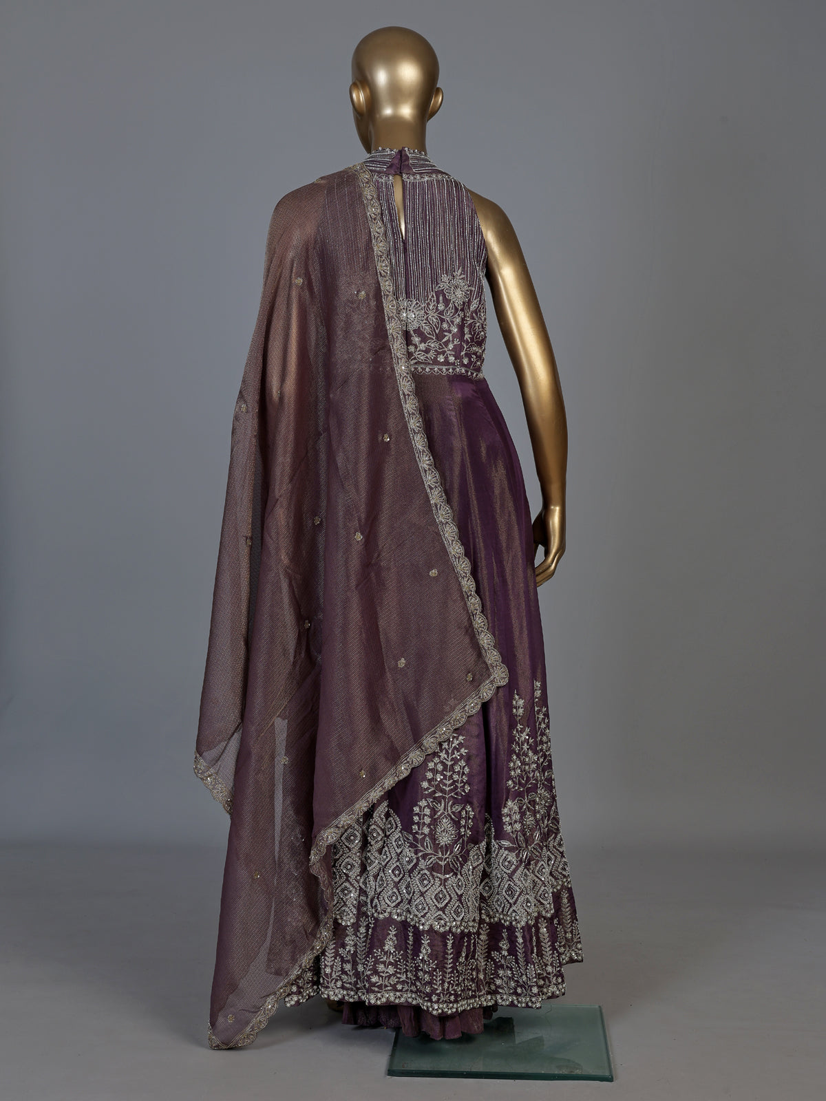 Pastel purple tusser silk blend anarkali suit with dupatta