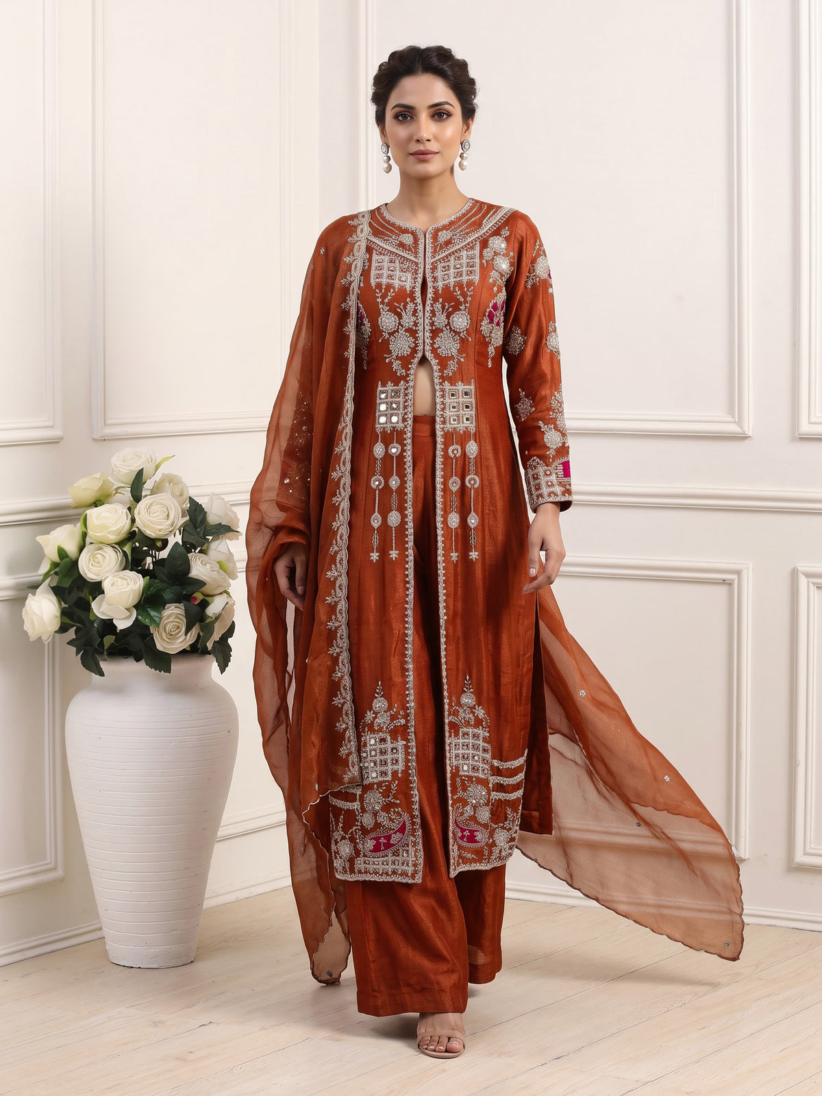 Rust orange tusser silk blend designer palazzo suit with dupatta