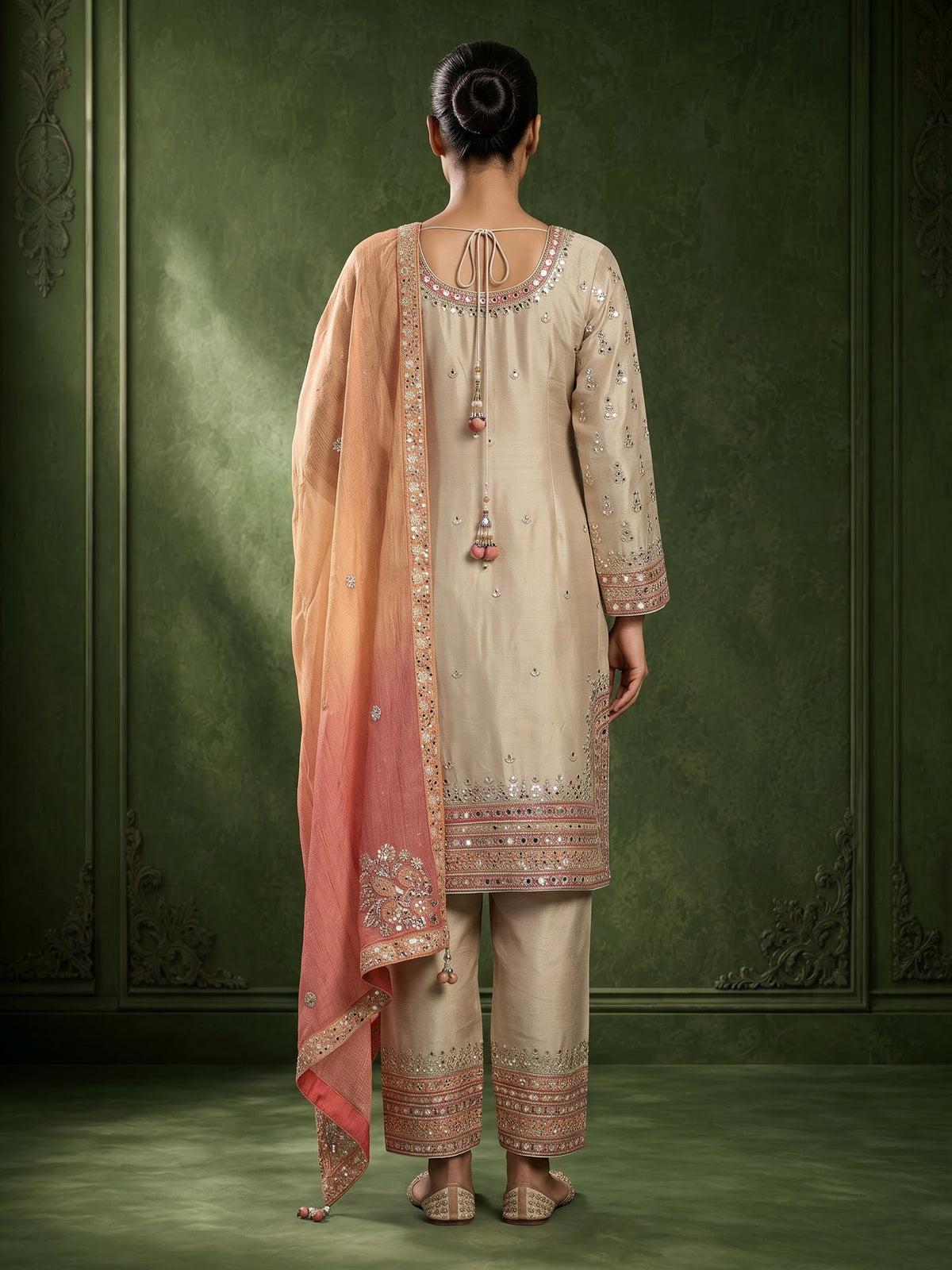 Beige pakistani style chanderi silk salwar suit with rust dupatta