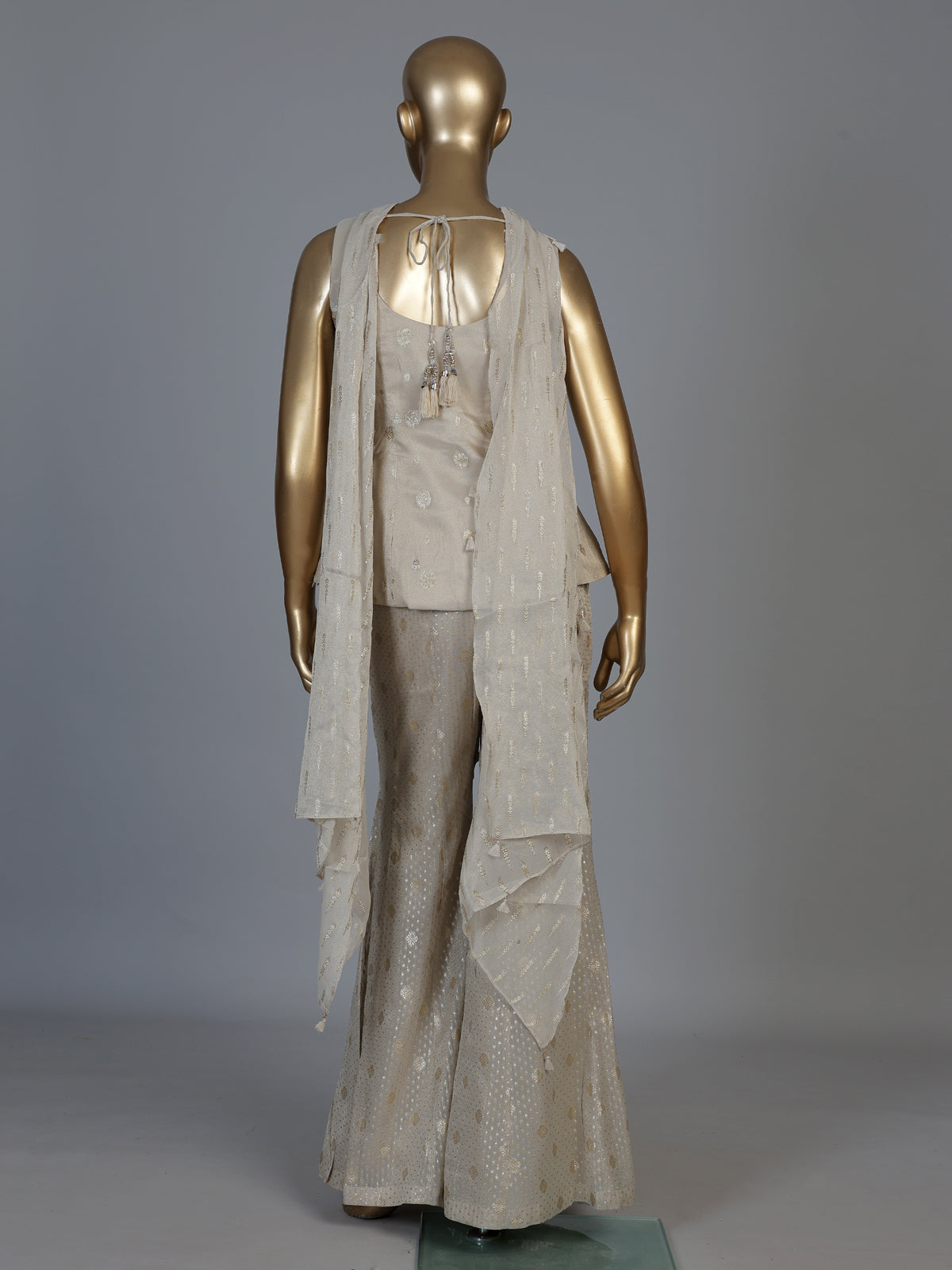 Cream tissue silk designer palazzo suit with embellished dupatta