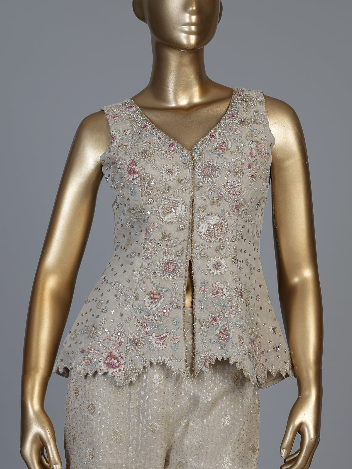 Cream tissue silk designer palazzo suit with embellished dupatta