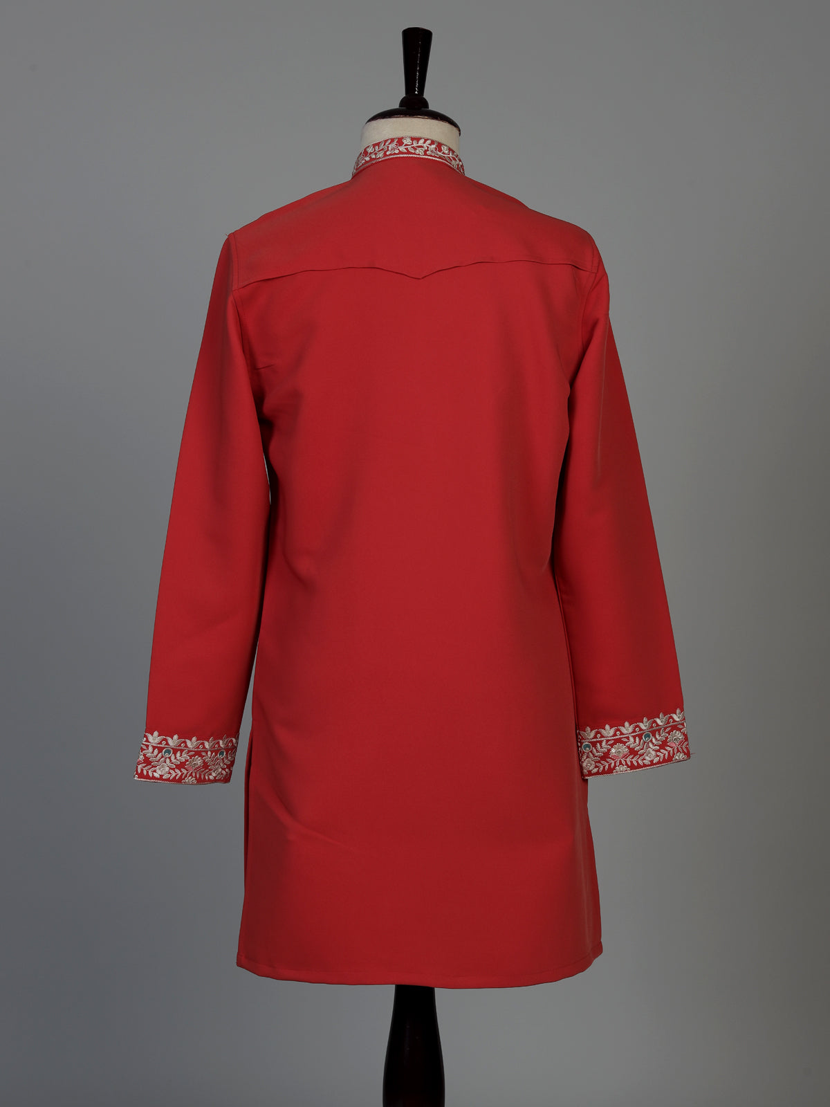 Orange silk blend mens kurta suit with floral neck style