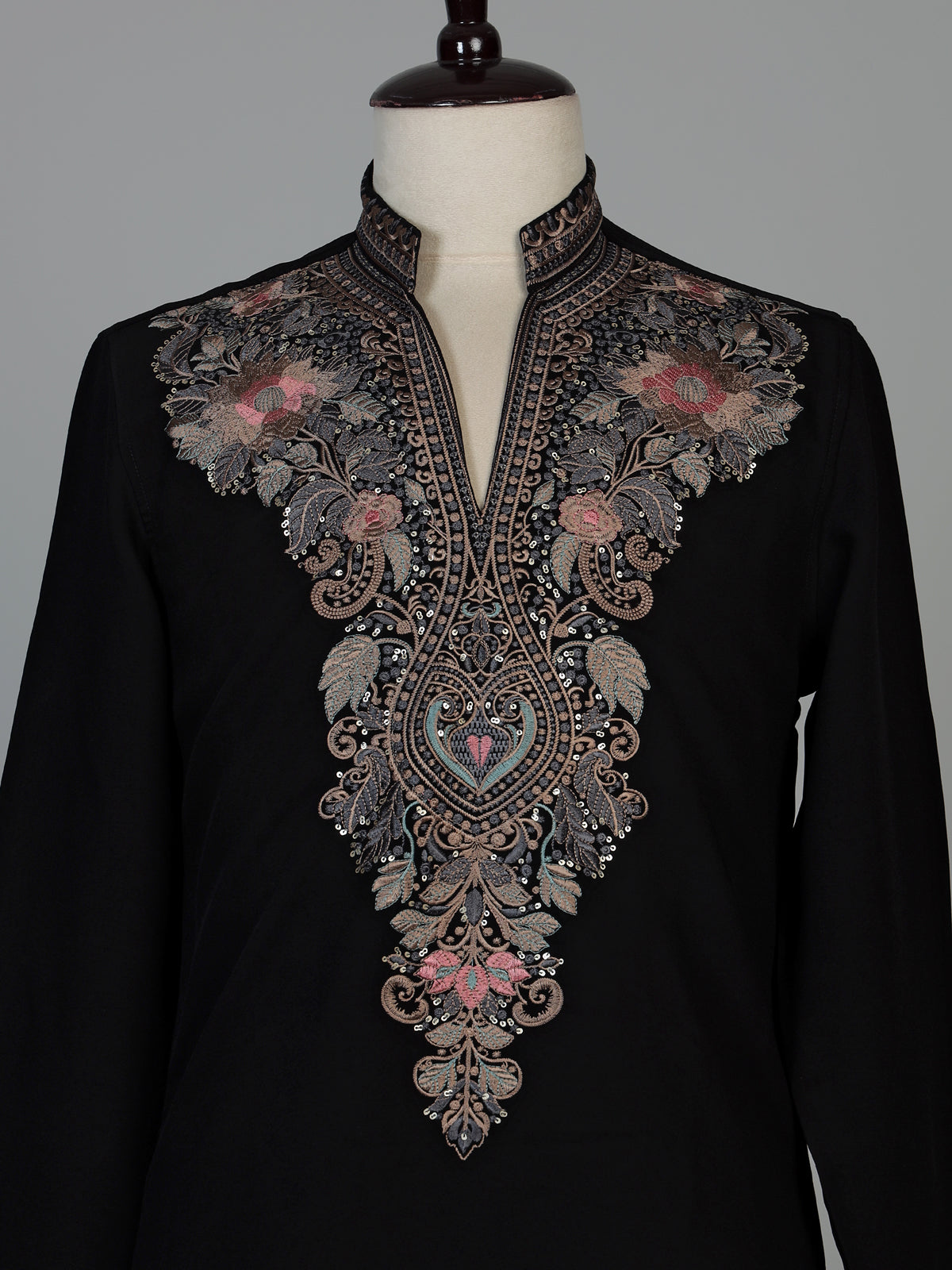 Black silk blend mens kurta pajama with floral work