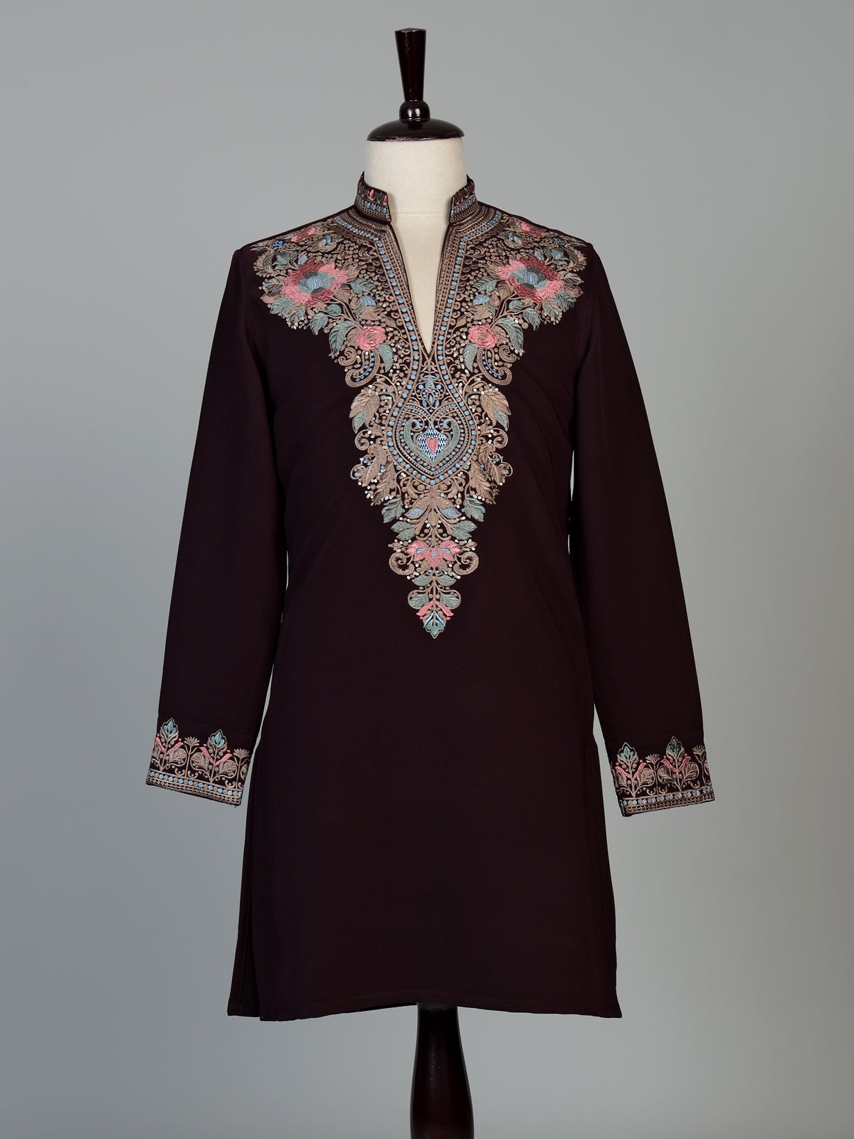 Wine silk blend mens kurta suit with kashmiri embroidery