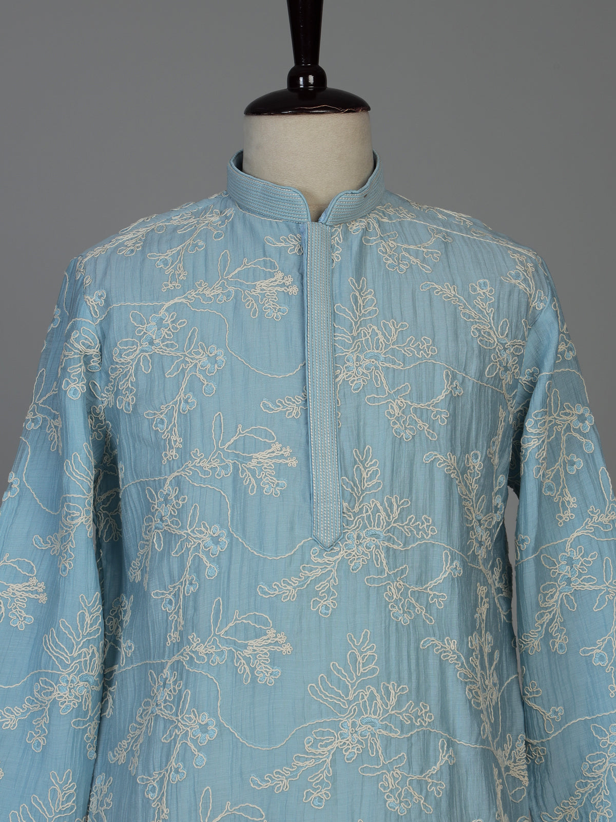 Sky blue Chanderi silk mens kurta pajama with vine embroidery