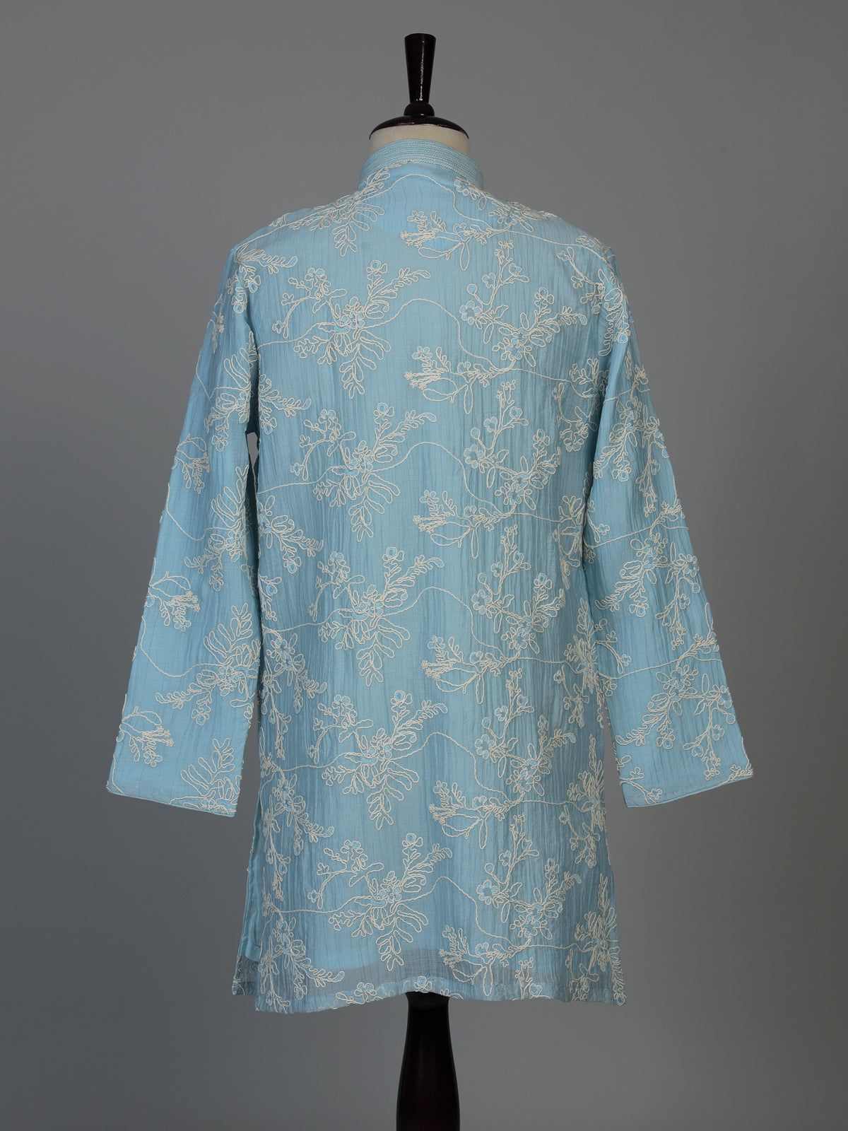 Sky blue Chanderi silk mens kurta pajama with vine embroidery