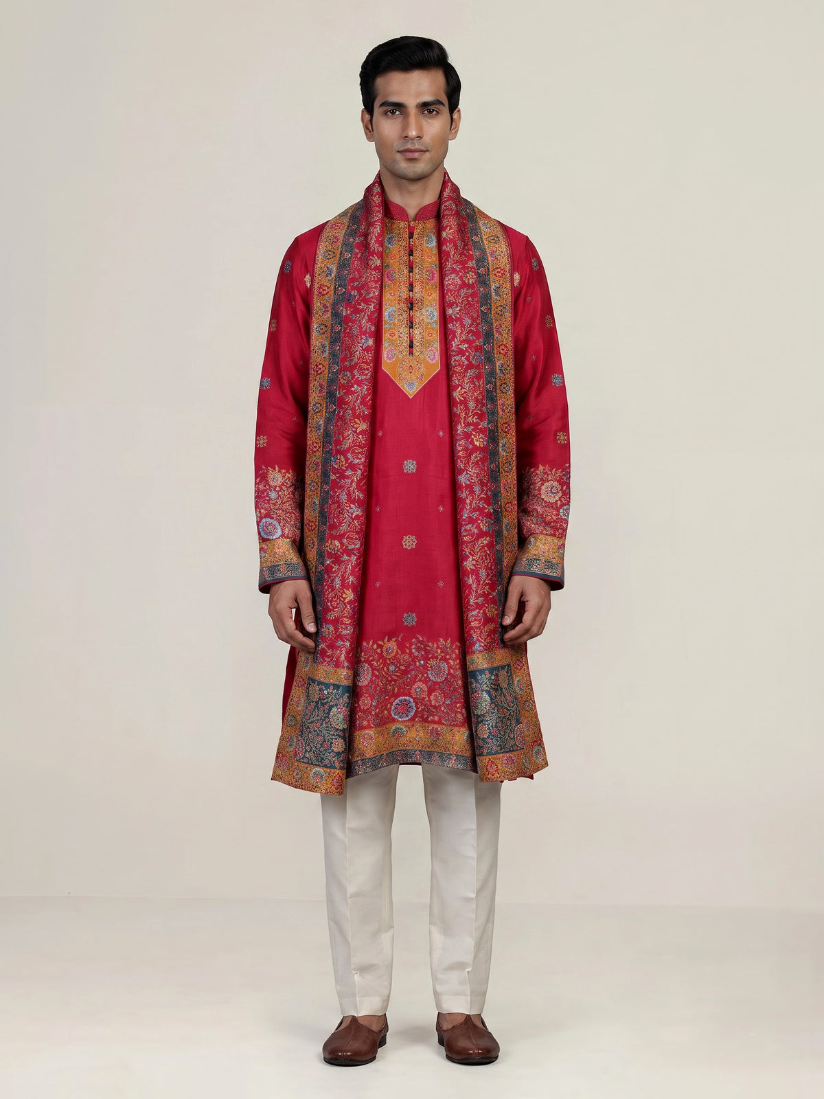 Hot pink silk mens kurta suit with kashmiri jamawar dupatta