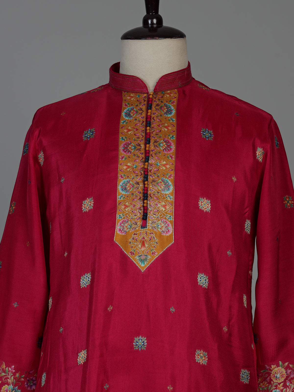 Hot pink silk mens kurta suit with kashmiri jamawar dupatta
