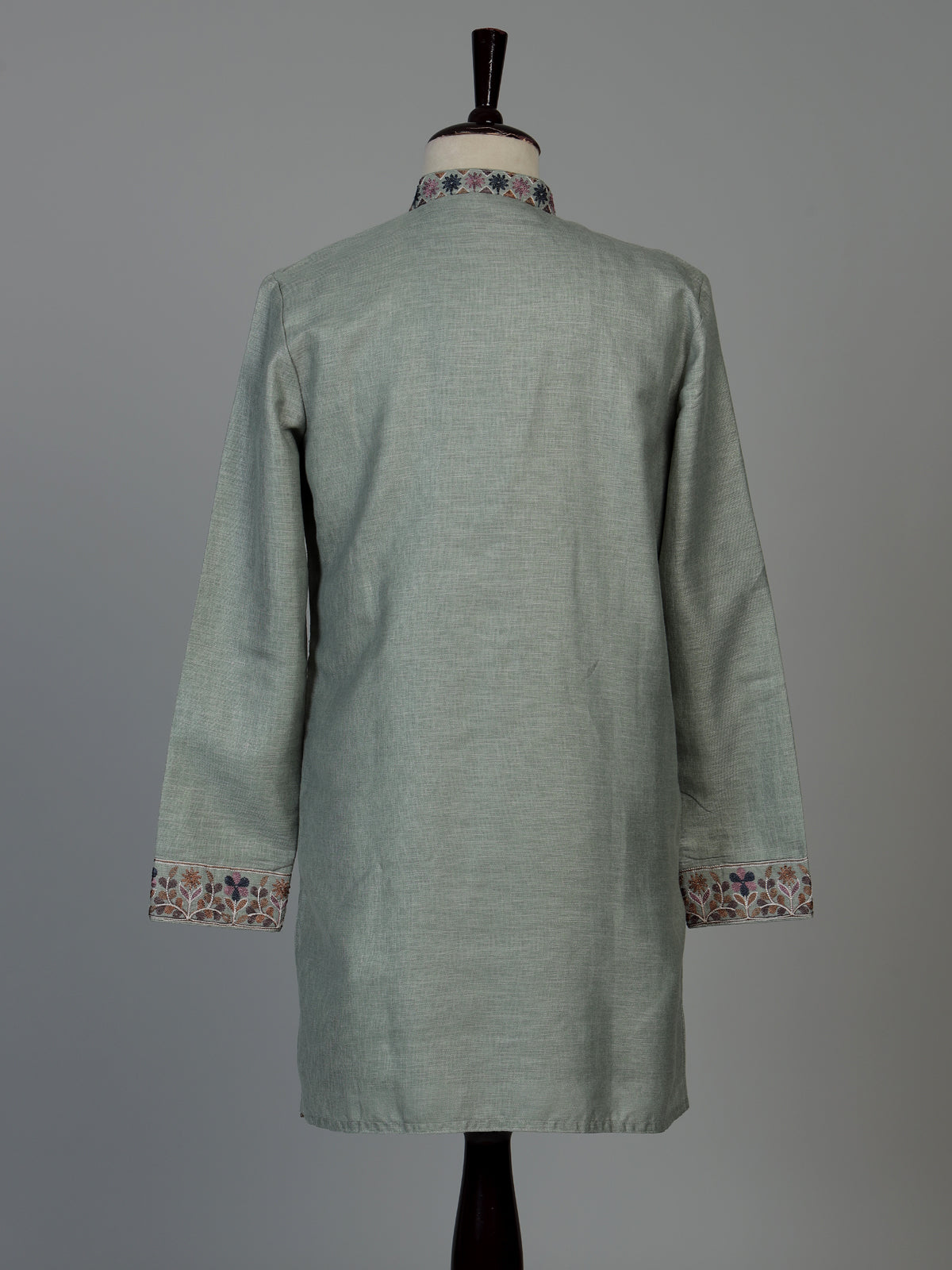 Pista green cotton linen mens kurta pajama with floral yoke