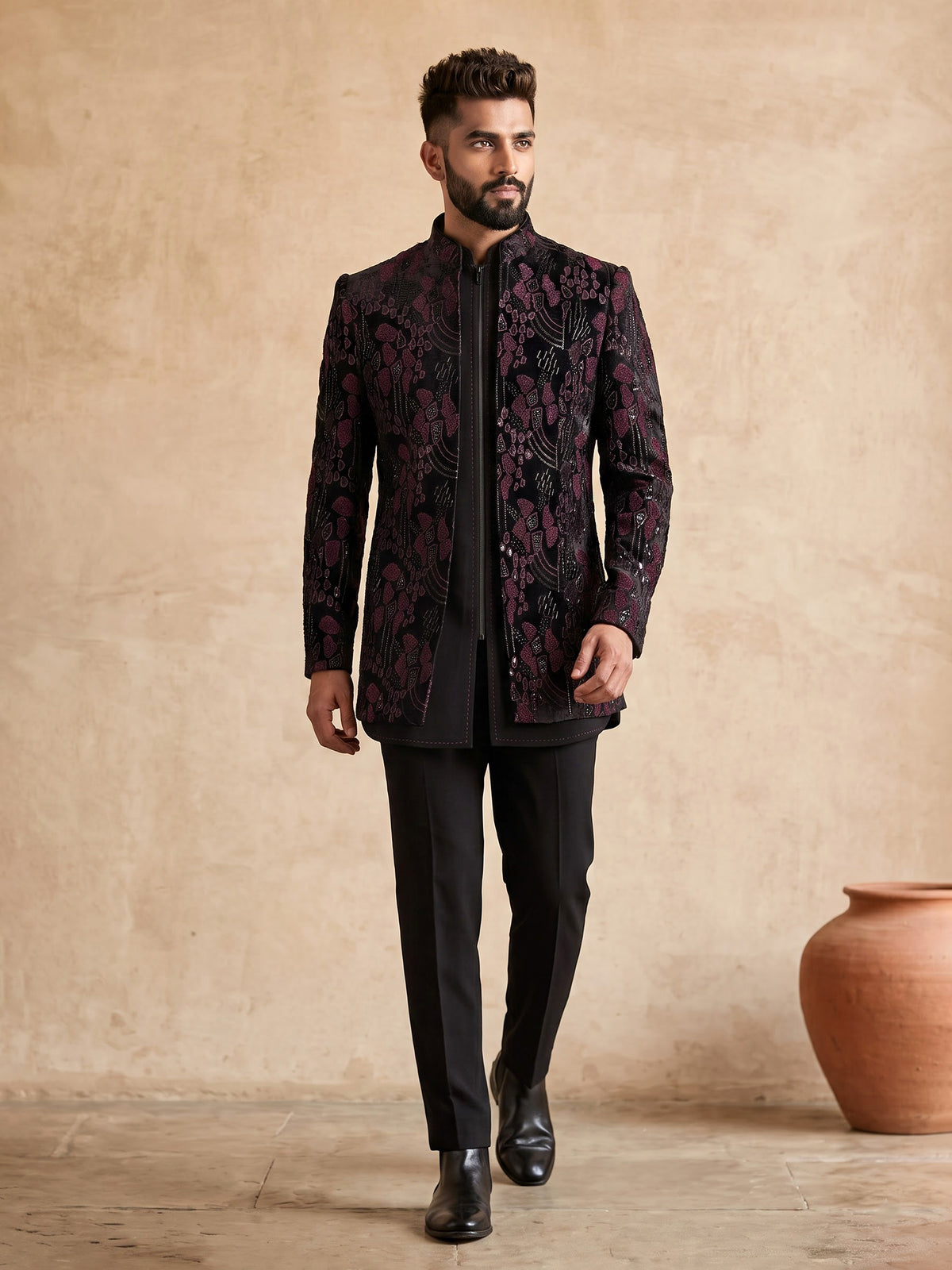 Black signature mens indo western open jacket