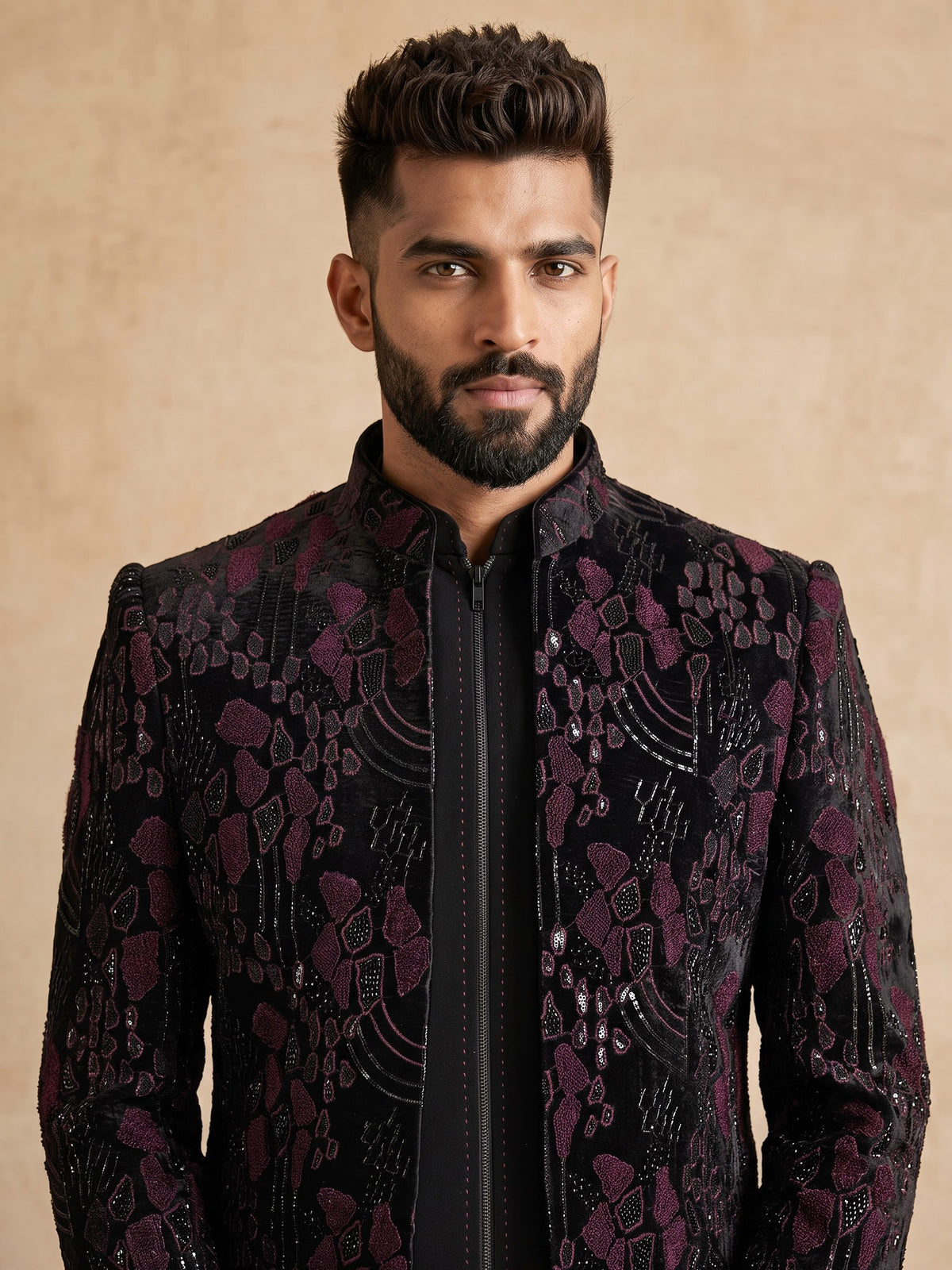 Black signature mens indo western open jacket