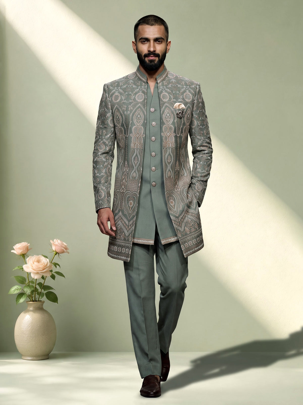 Sage green regal mens indo western open jacket with jharokha