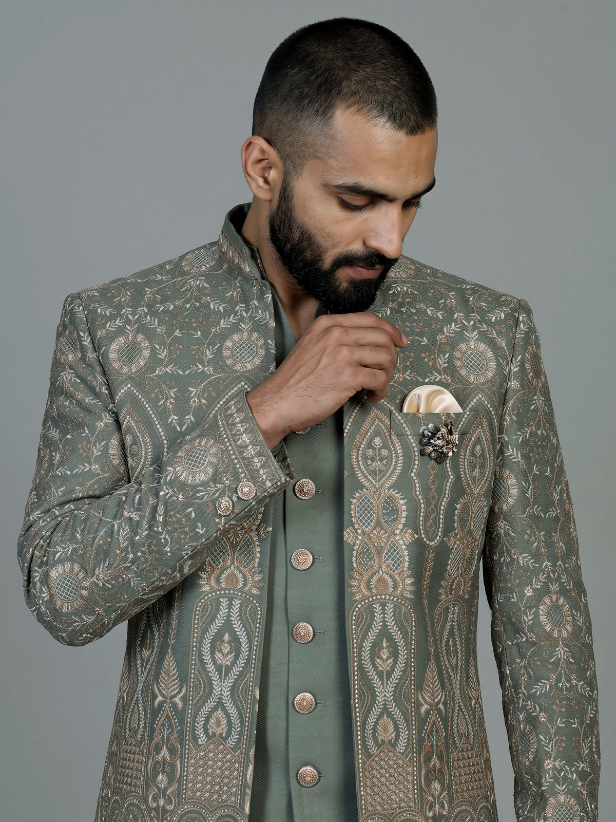 Sage green regal mens indo western open jacket with jharokha