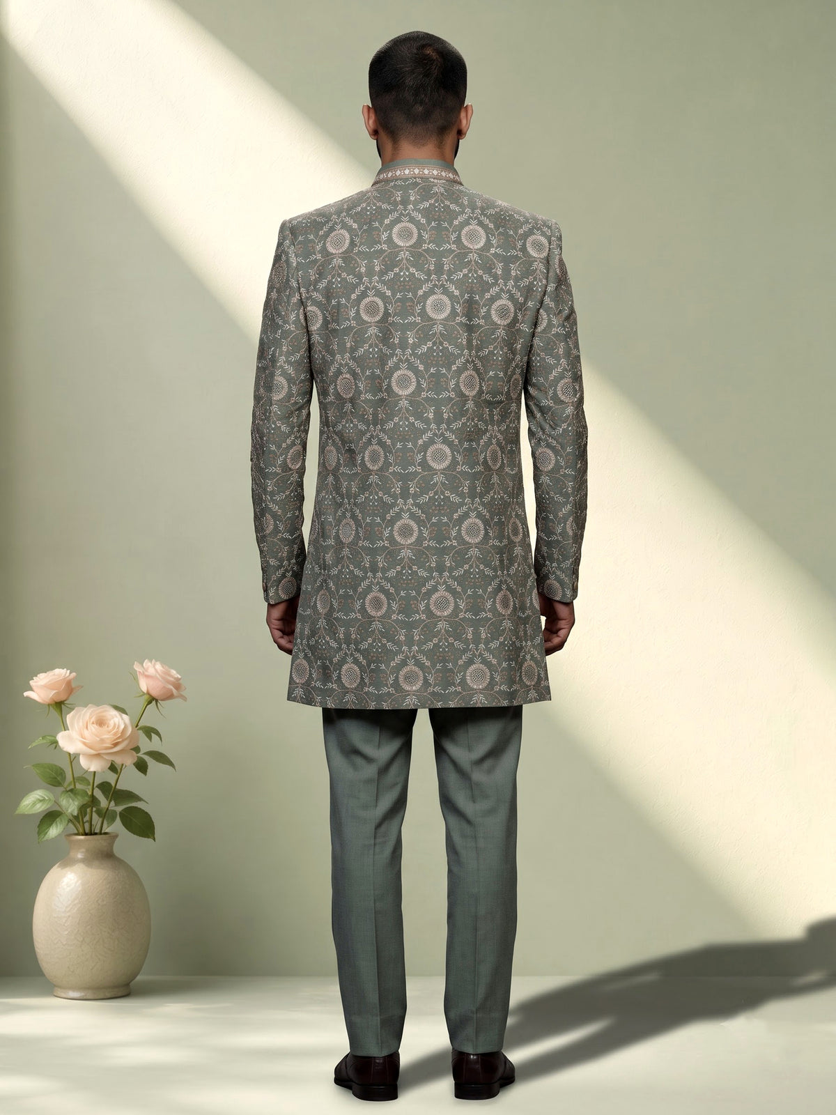 Sage green regal mens indo western open jacket with jharokha
