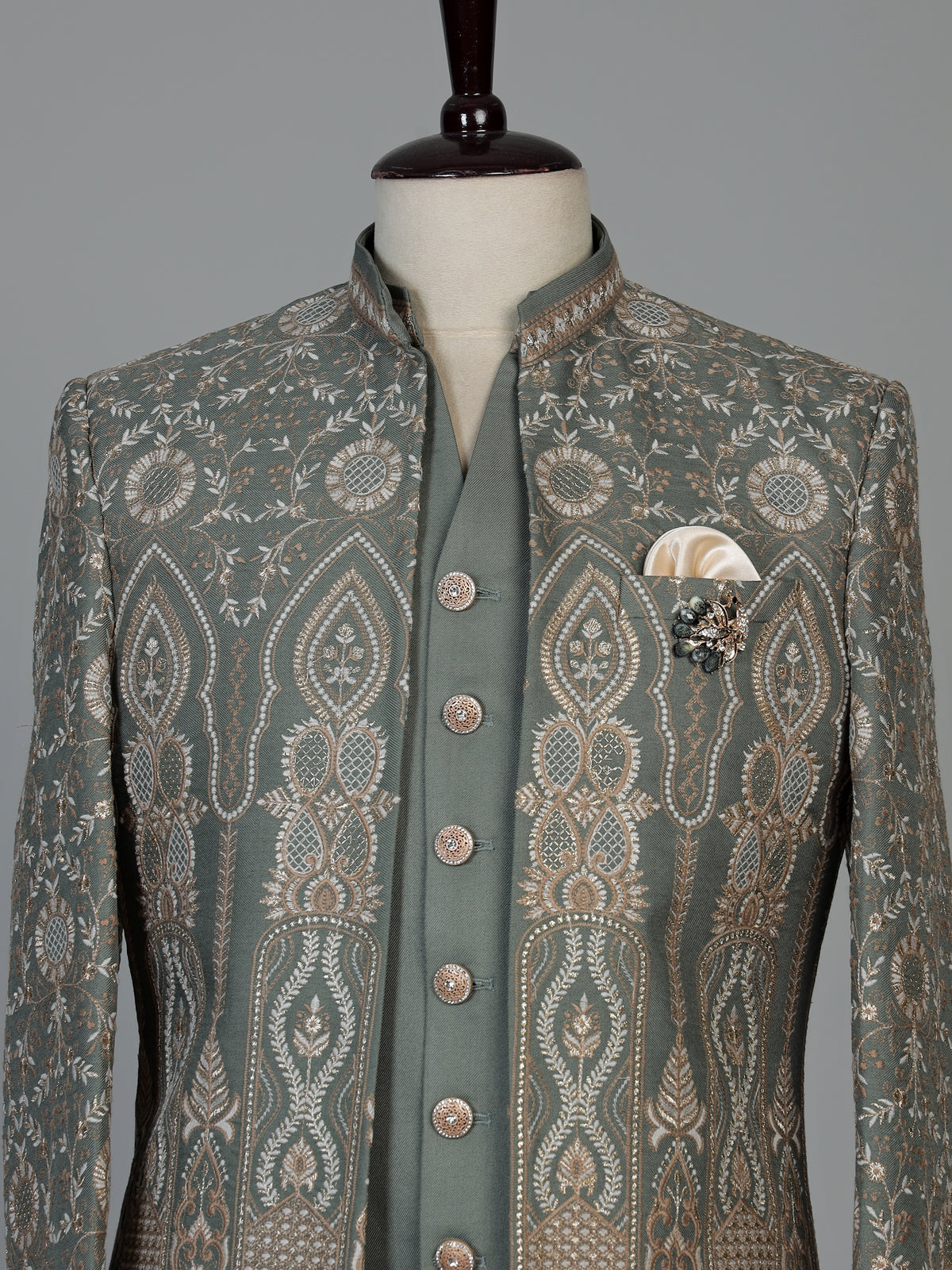 Sage green regal mens indo western open jacket with jharokha