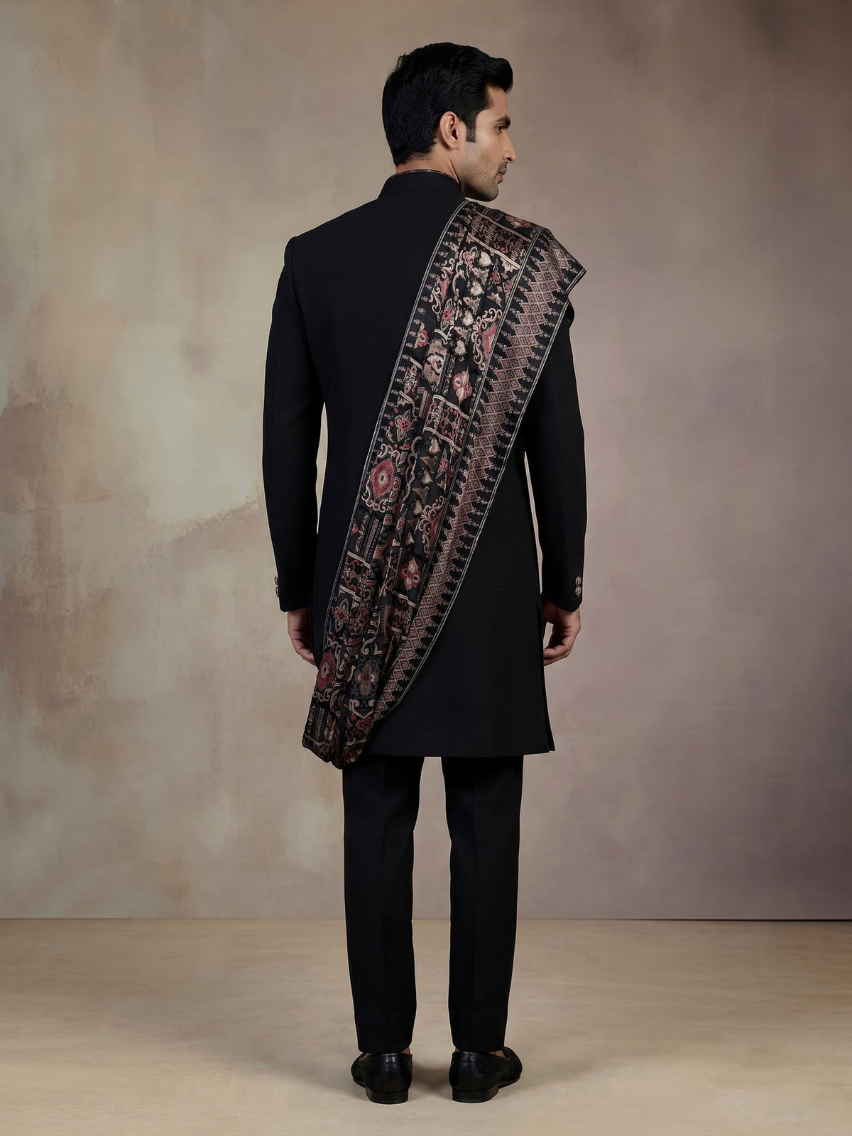 Black luxury mens indo western with kashmiri jamawar stole
