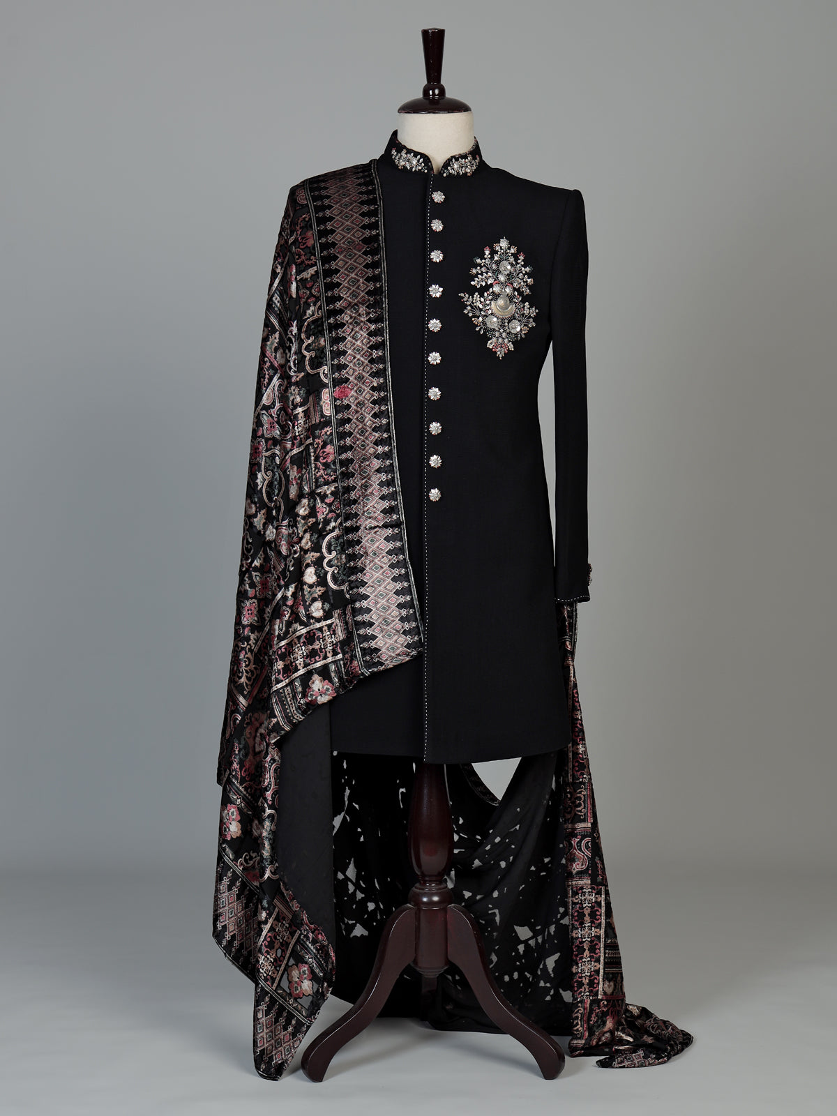 Black luxury mens indo western with kashmiri jamawar stole