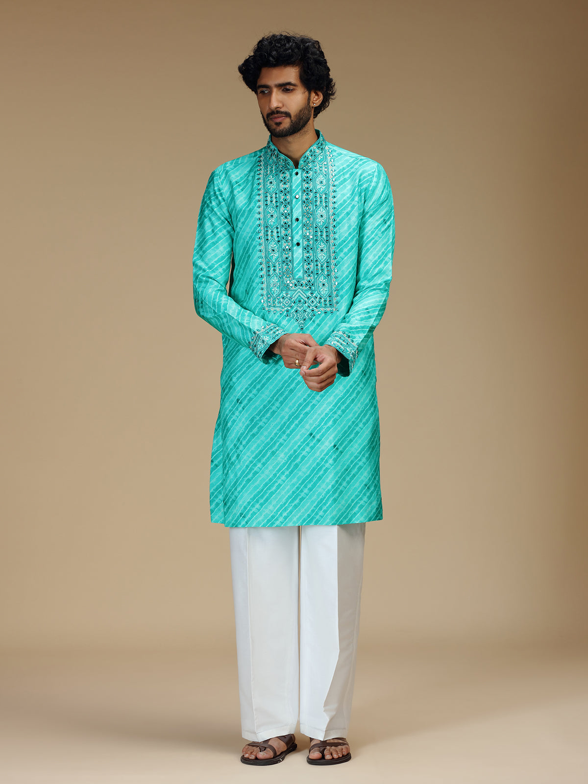 Blue leheriya printed silk blend kurta pajama