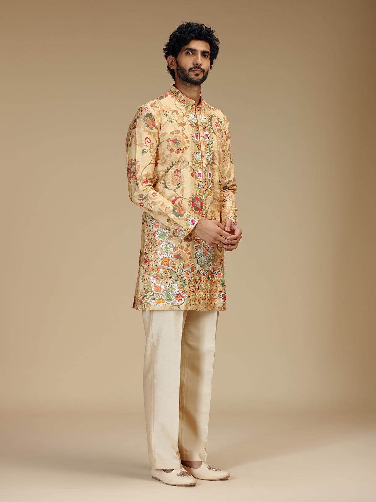 Cream paisley embroidered silk mens kurta pajama