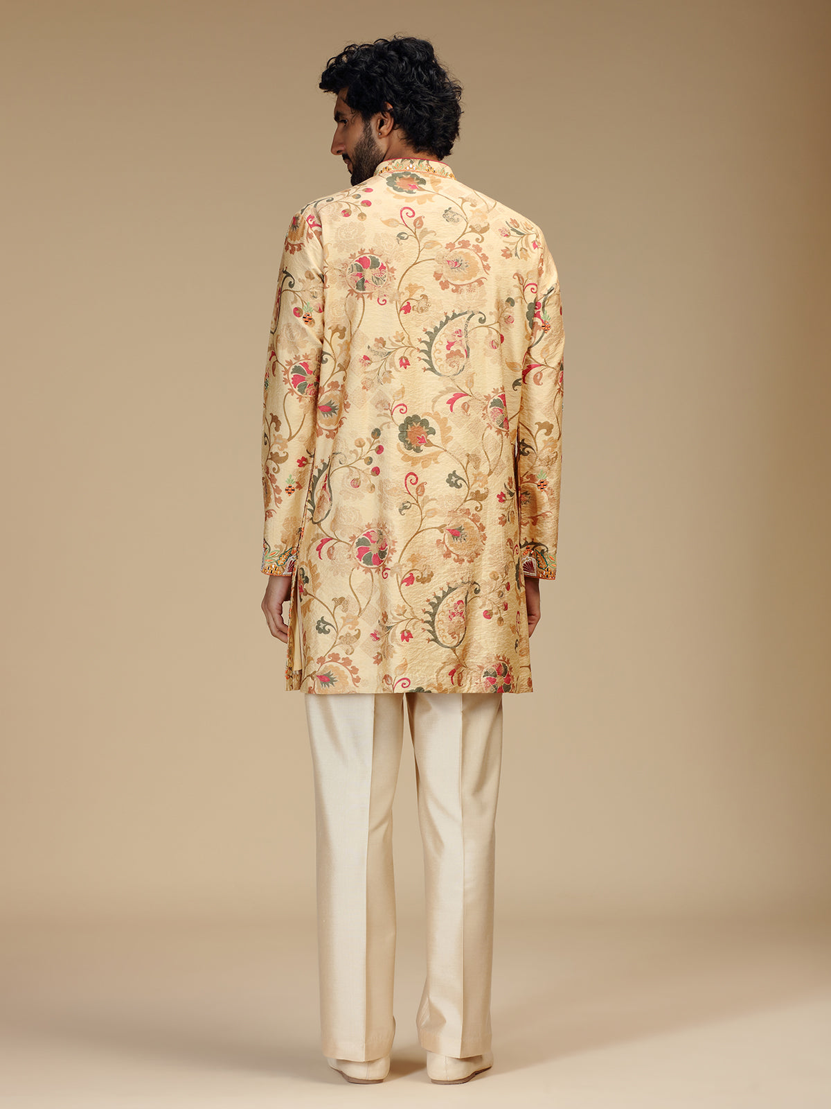 Cream paisley embroidered silk mens kurta pajama