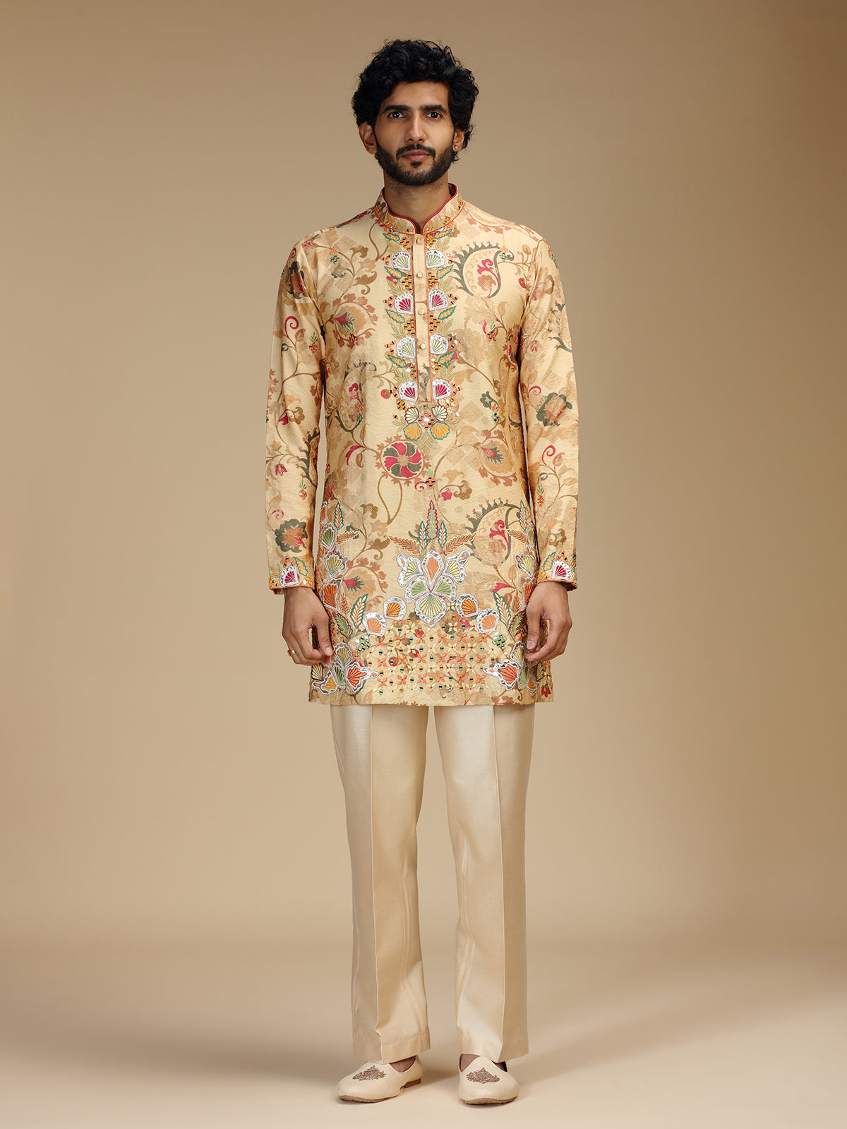 Cream paisley embroidered silk mens kurta pajama