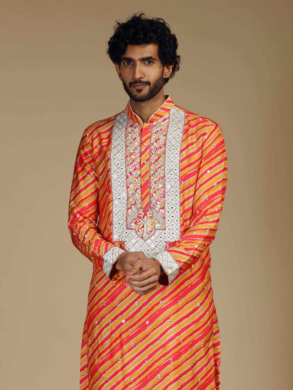Orange leheriya printed silk mens kurta pajama