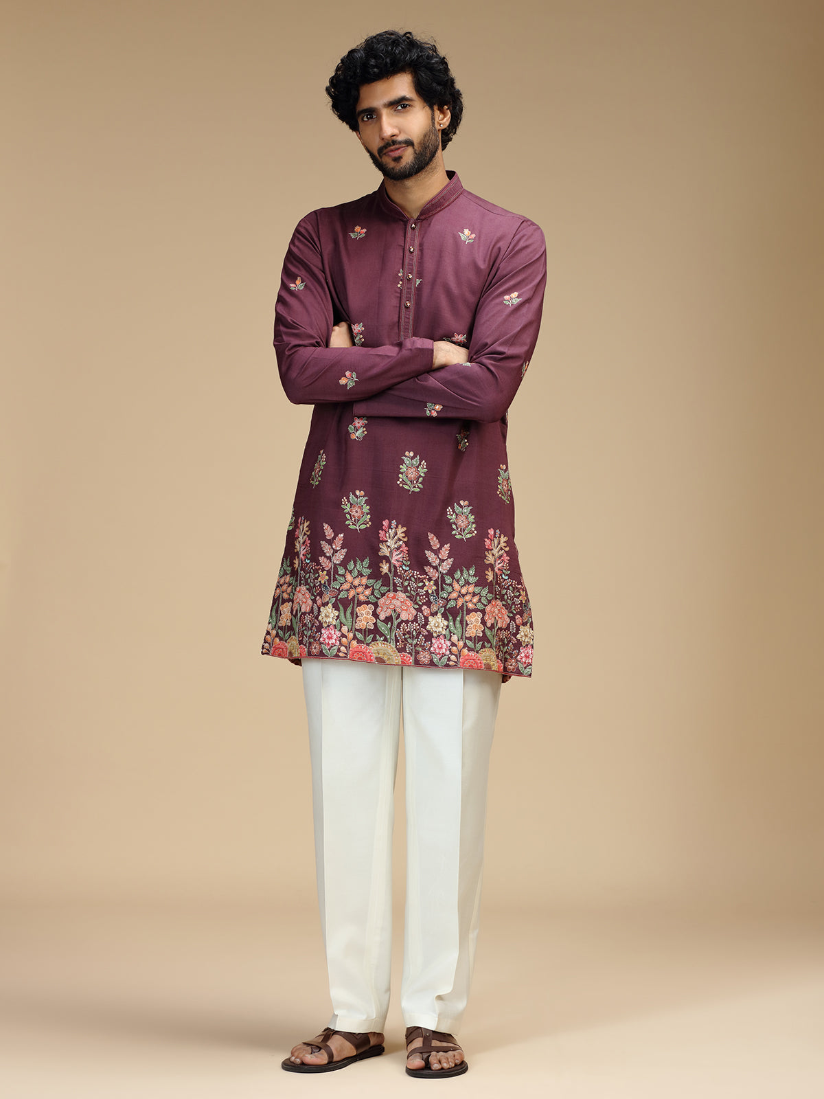 Deep purple floral embroidered viscose kurta pajama
