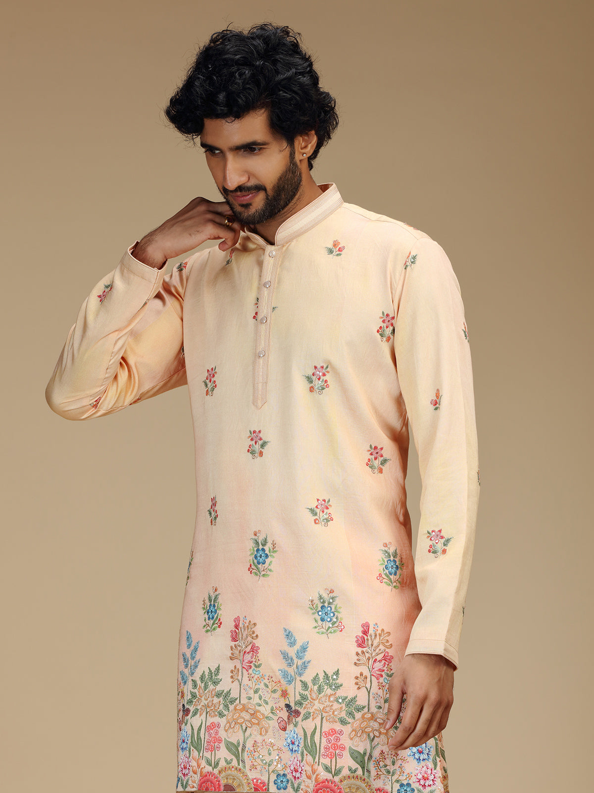 Peach floral resham embroidered mens kurta pajama