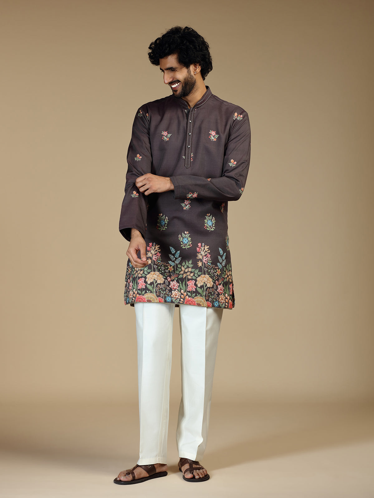 Grey floral embroidered viscose blend kurta pajama
