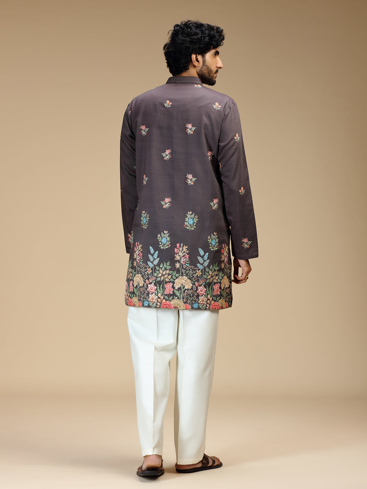 Grey floral embroidered viscose blend kurta pajama