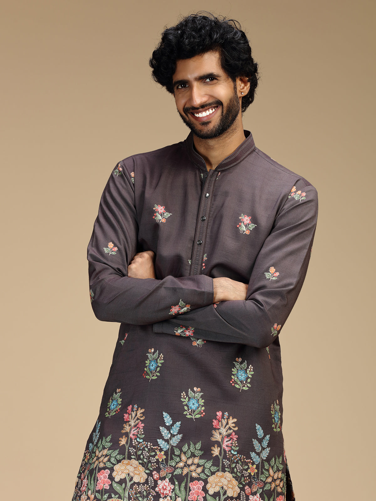 Grey floral embroidered viscose blend kurta pajama