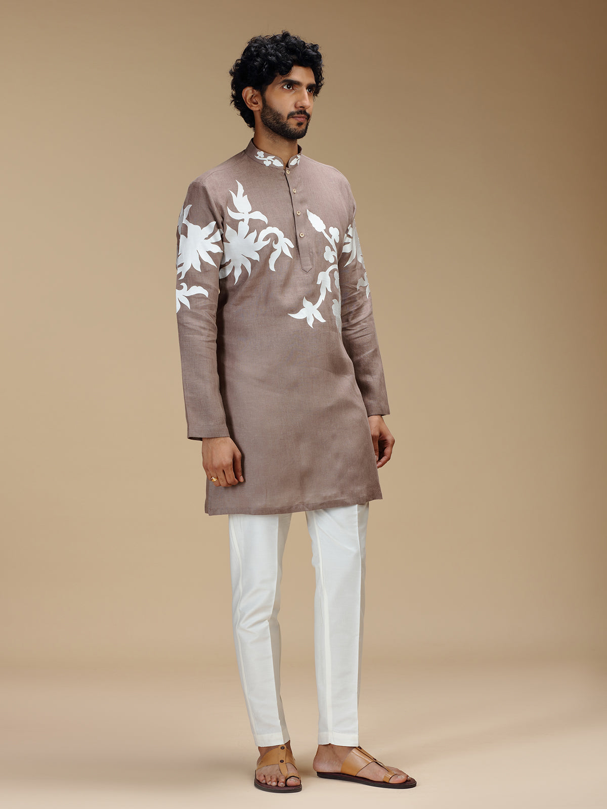 Dusty brown botanical patchwork linen kurta pajama