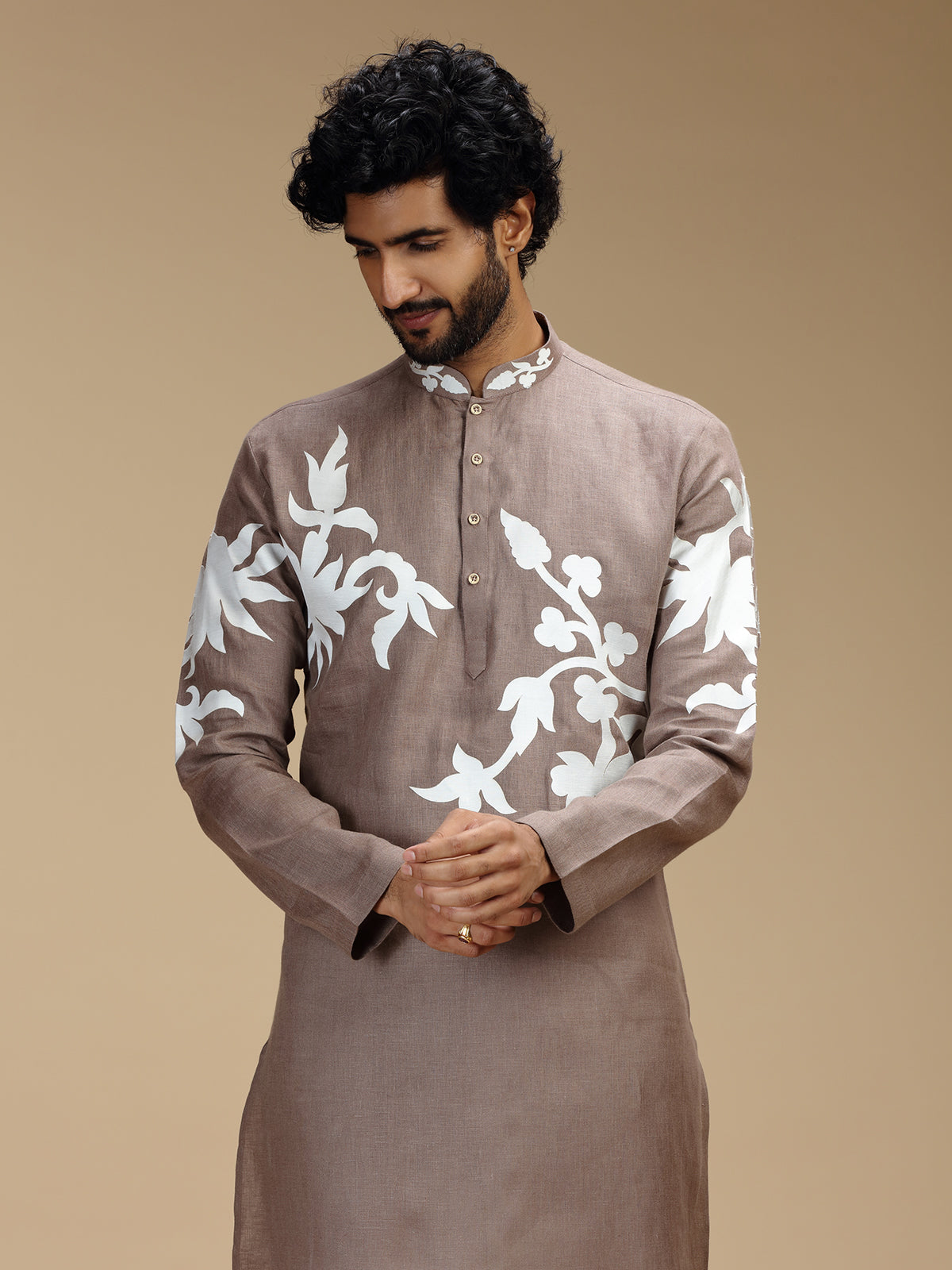 Dusty brown botanical patchwork linen kurta pajama