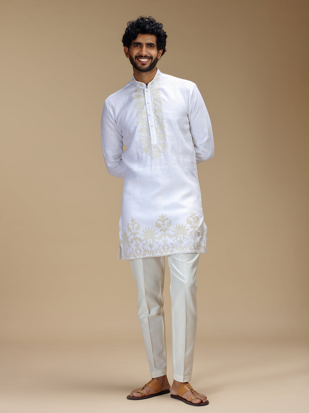 Off white patchwork linen mens kurta pajama